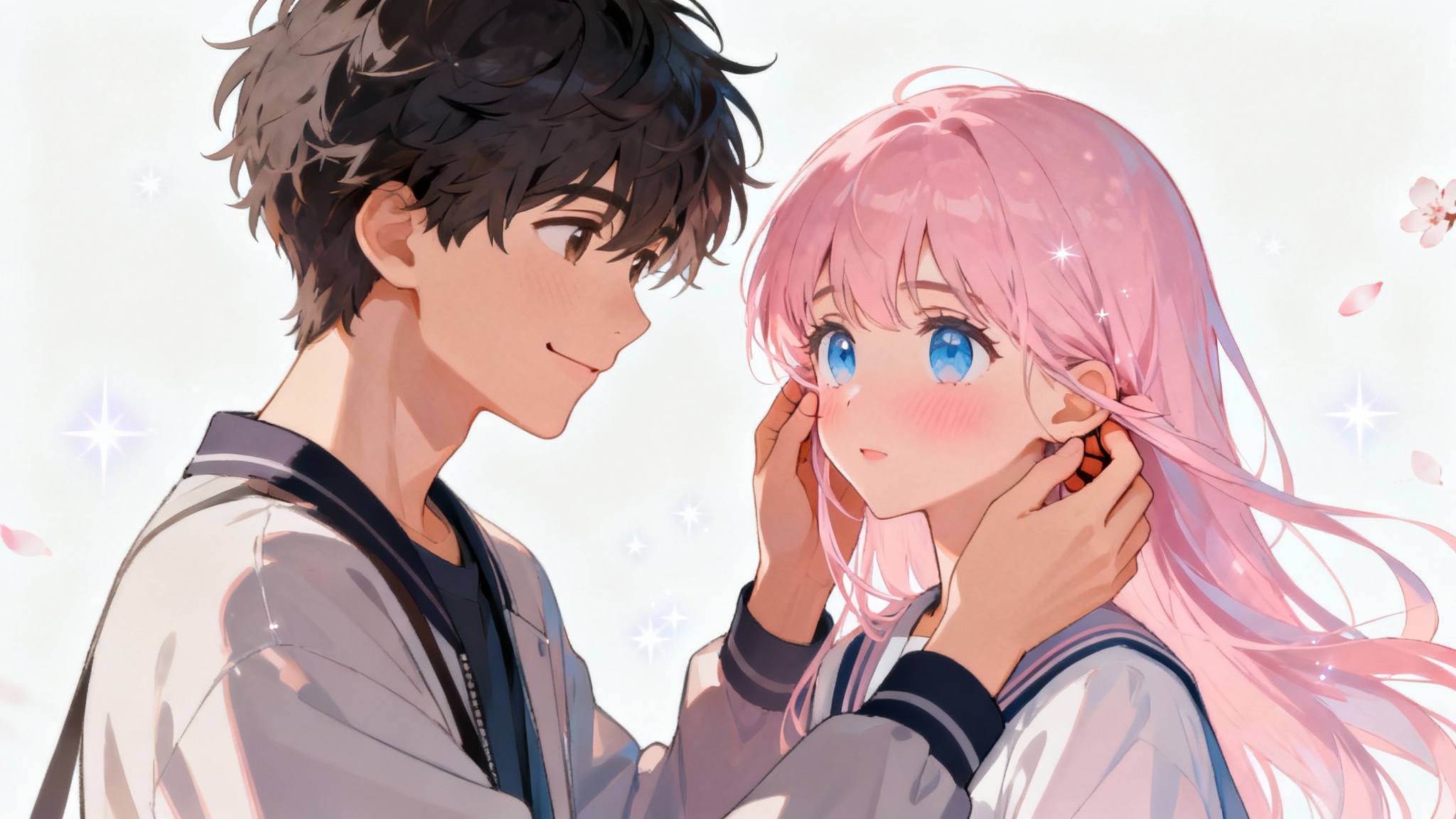 A digital illustration in a cute anime style, showing a boy with dark hair gently tucking a strand of hair behind the ear of a blushing girl with long pink hair, isolated against a plain white background.