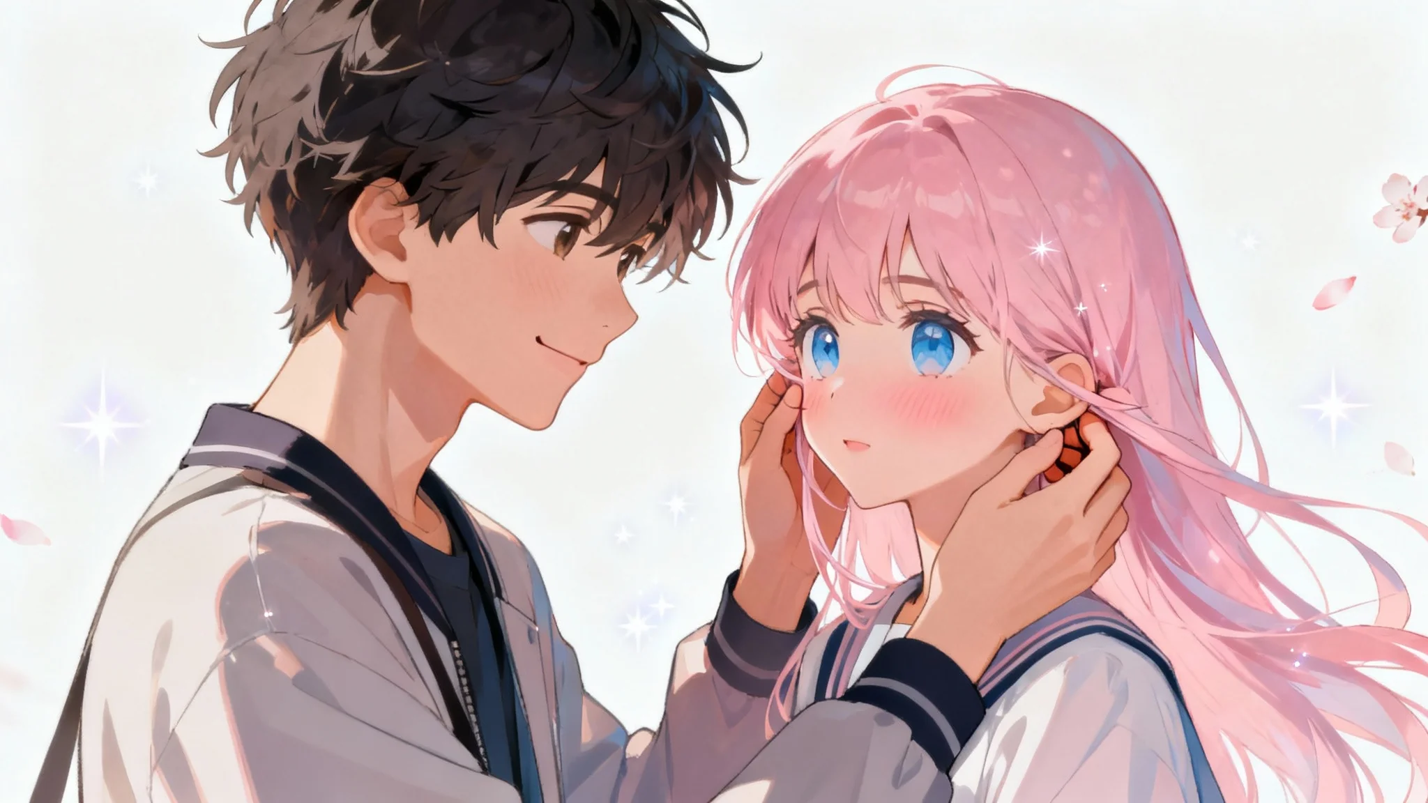 A digital illustration in a cute anime style, showing a boy with dark hair gently tucking a strand of hair behind the ear of a blushing girl with long pink hair, isolated against a plain white background.