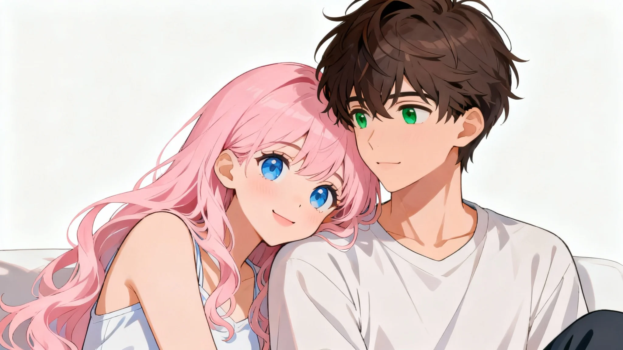 A digital art piece showing a cute anime couple in a tender moment against a plain white background. The girl has pink hair and is resting her head on the boy's shoulder.