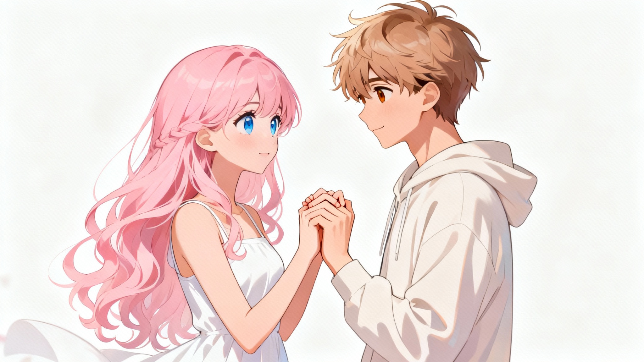 A digital illustration of a cute anime couple. The girl has long pastel pink hair and the boy has light brown hair. They are holding hands and looking at each other lovingly against a plain white background.
