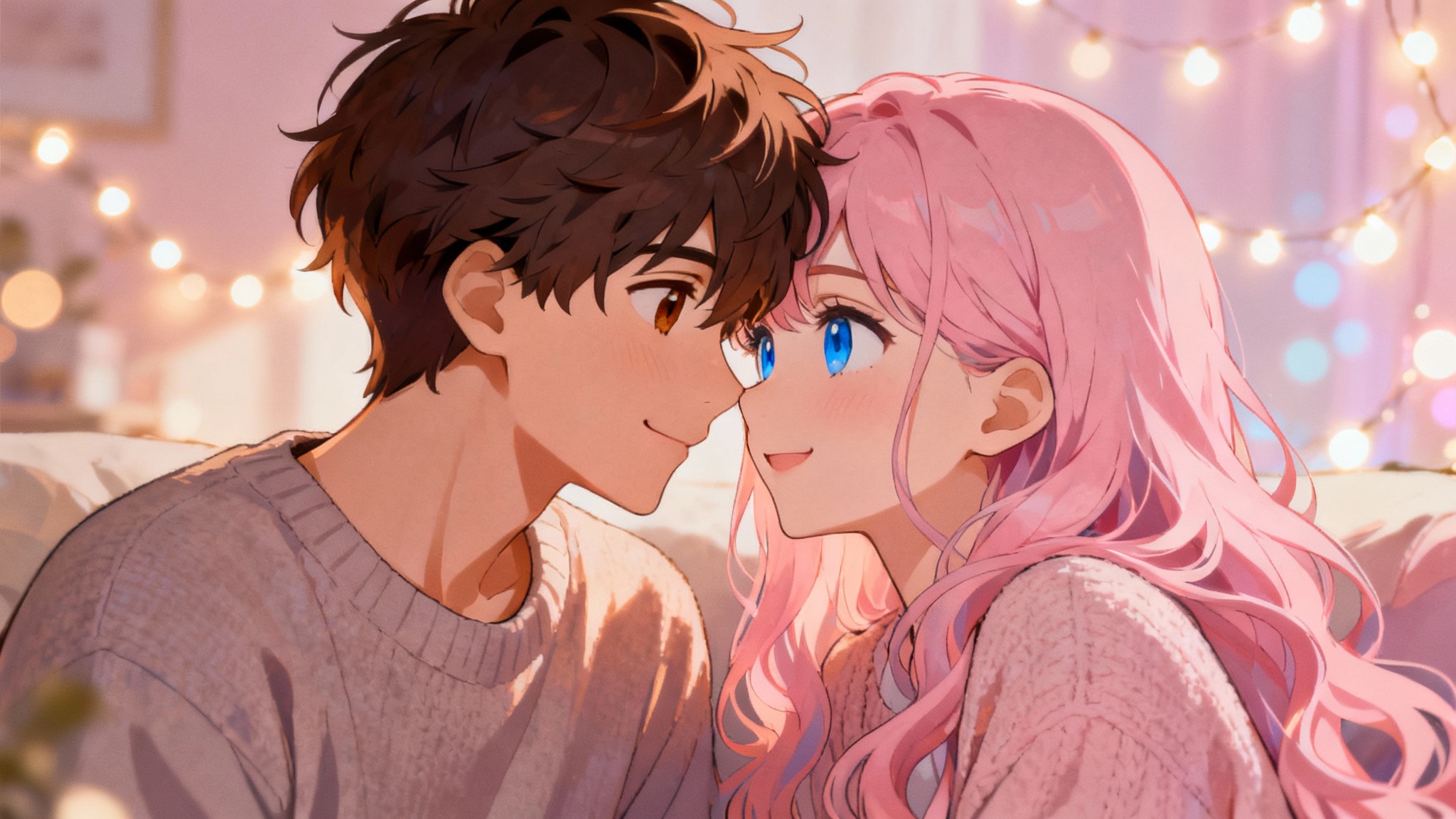 A close-up digital painting in a modern anime style of a cute couple, a boy and a girl, gently touching foreheads and smiling at each other in a warm, romantic setting.