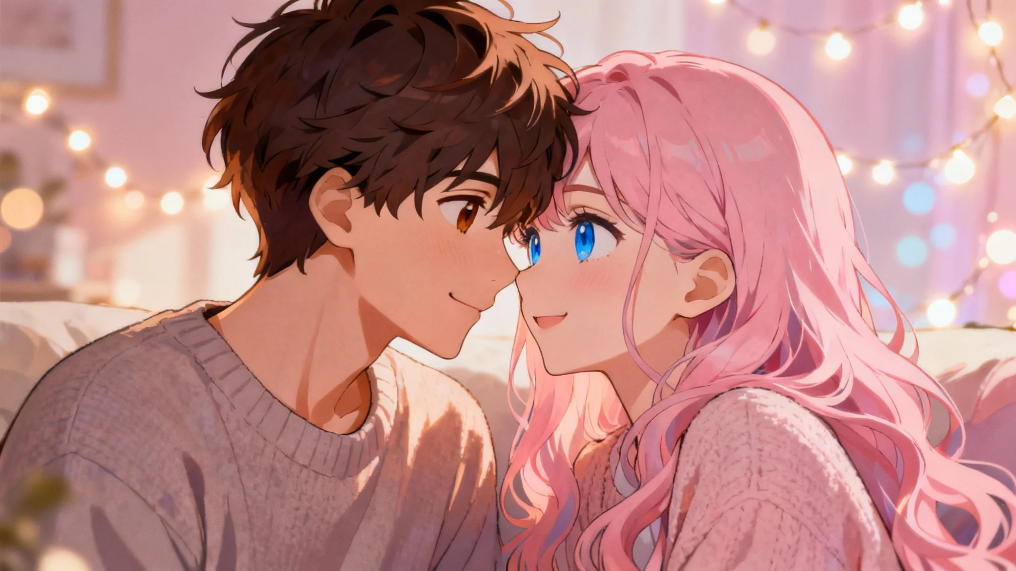 A close-up digital painting in a modern anime style of a cute couple, a boy and a girl, gently touching foreheads and smiling at each other in a warm, romantic setting.