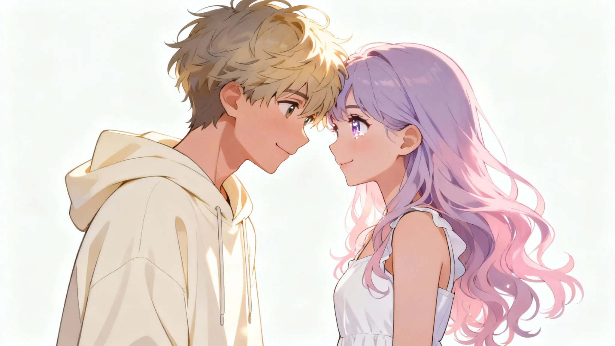 A digital art piece showing a cute anime couple, a boy in a hoodie and a girl with pink hair, smiling warmly at each other against a plain white background.