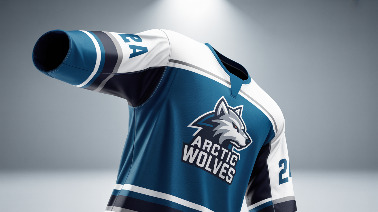 A professional mockup of a custom navy blue, white, and silver hockey jersey with a wolf logo and the number 24, displayed on a ghost mannequin in a studio setting.