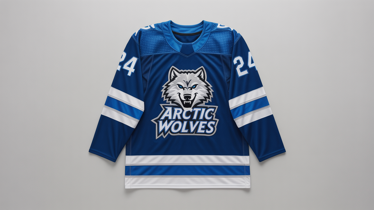 A photorealistic mockup of a blue, white, and silver hockey jersey for a fictional team called the 'Arctic Wolves', laid flat on a white background.