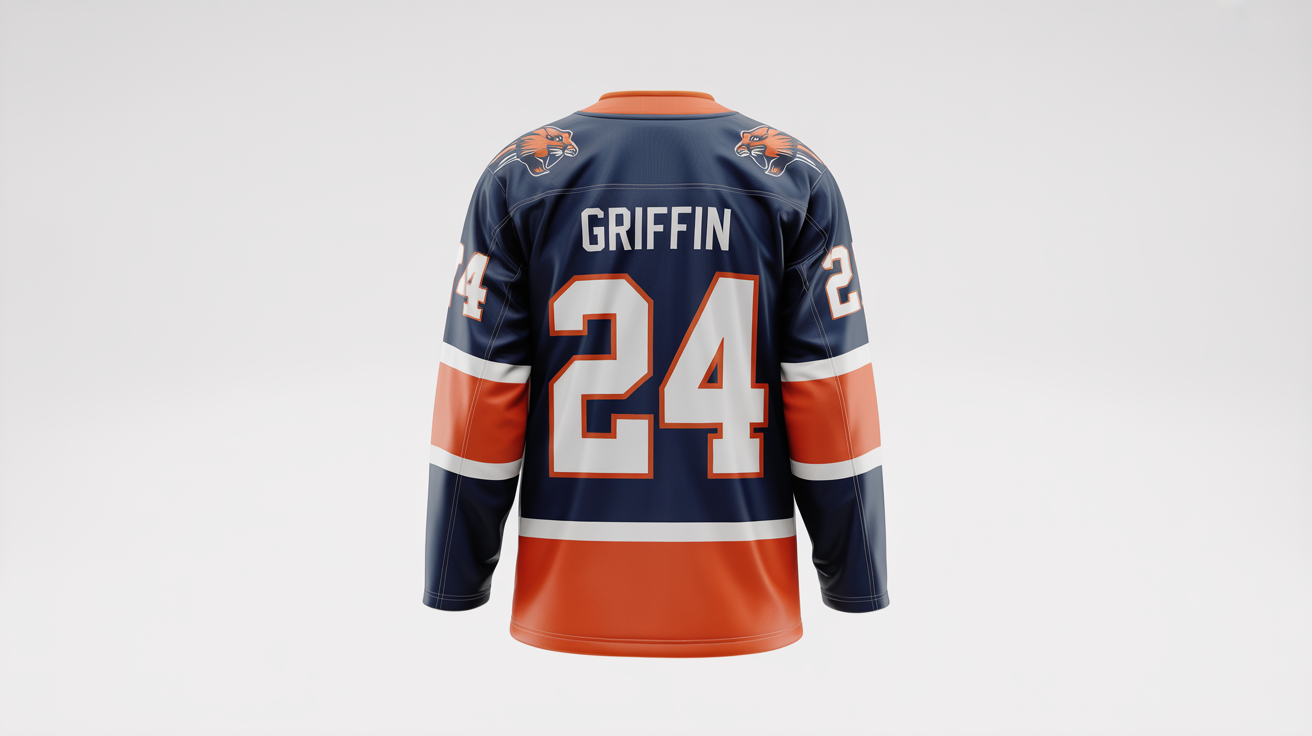 A professional mockup of a navy blue hockey jersey with orange and white accents, featuring a panther logo on the chest and the name GRIFFIN with the number 24 on the back, displayed on a clean white background.