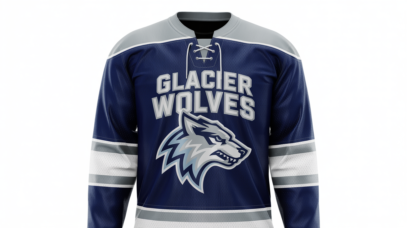 A professional mockup of a navy blue 'GLACIER WOLVES' hockey jersey with a stylized wolf logo, shown from the front against a clean white background.