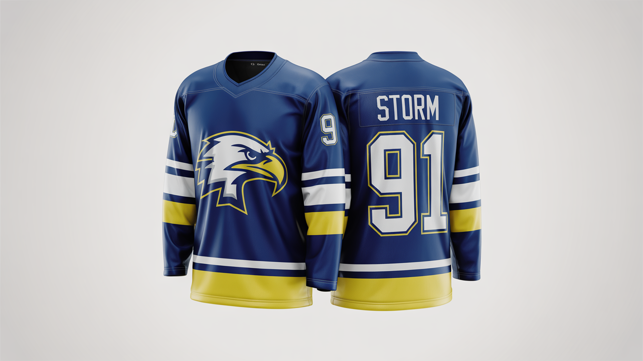 Front and back view of a professional hockey jersey mockup. The navy blue jersey has white and yellow accents, a fictional eagle logo on the front, and the name 'STORM' and number '91' on the back, all against a plain white background.