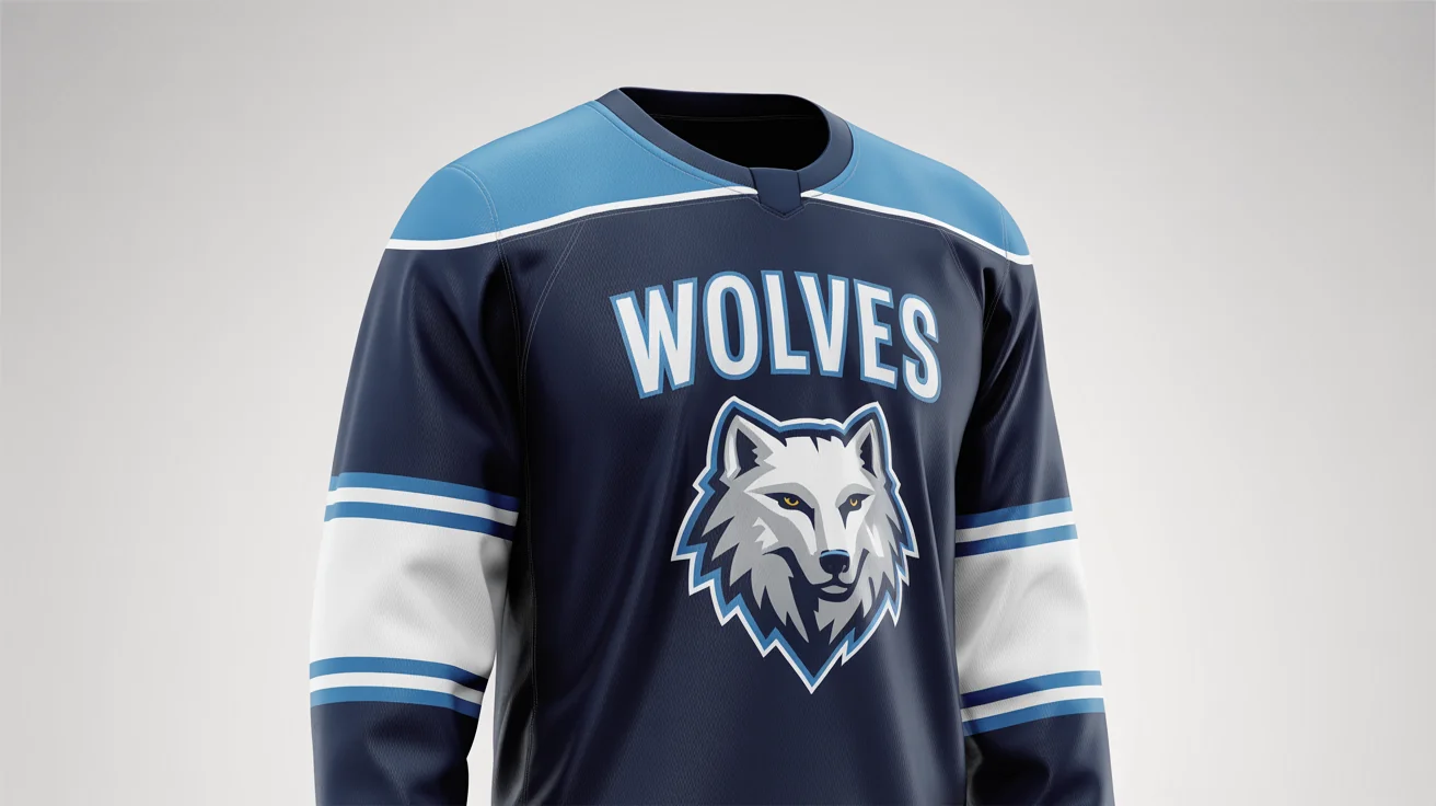 A professional mockup of a navy blue and ice blue hockey jersey with a stylized arctic wolf logo and the word 'WOLVES' on the chest, presented against a clean white background.