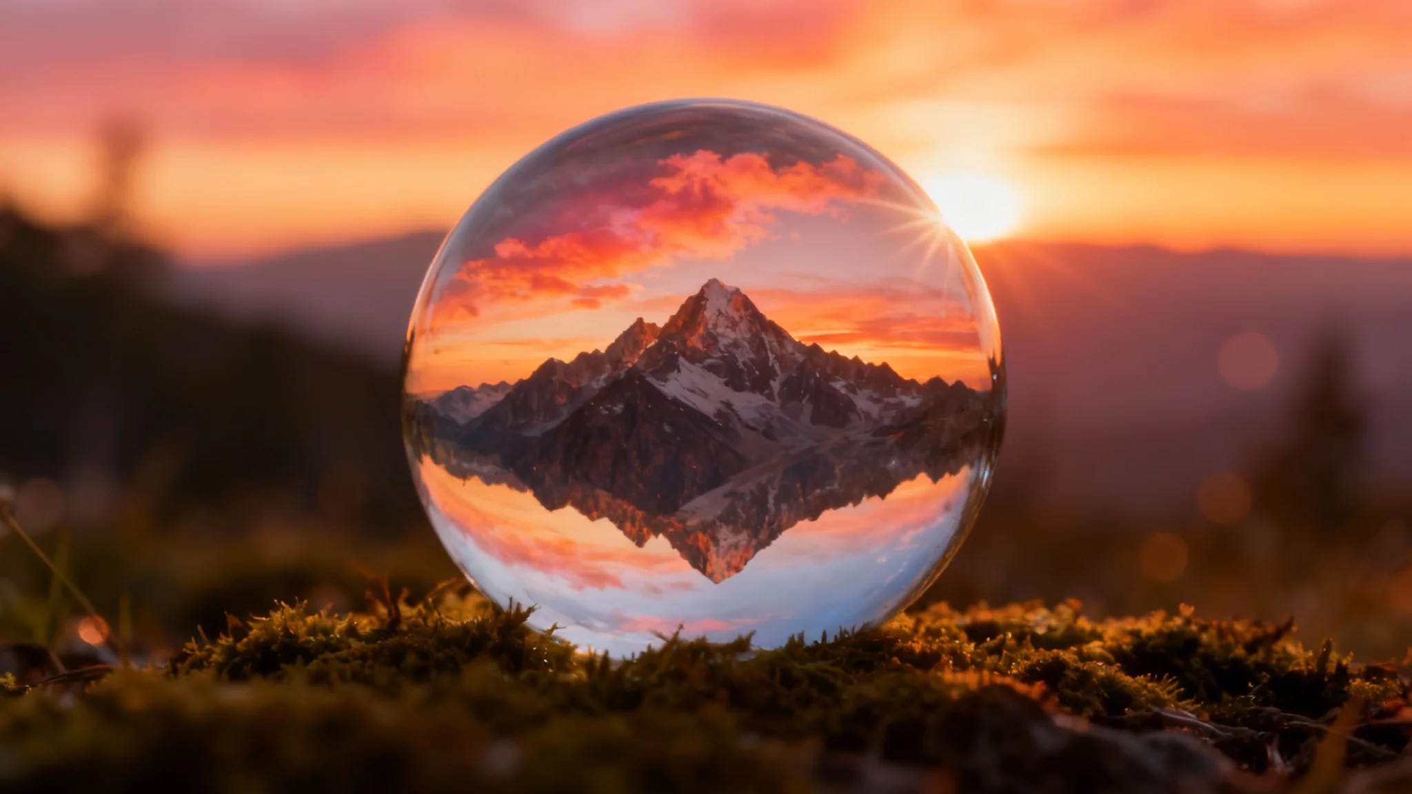 A close-up, professional photograph of a crystal ball sitting on moss. Inside the ball is a perfectly sharp, upside-down reflection of a mountain range during a vibrant sunset. The background is artistically blurred.