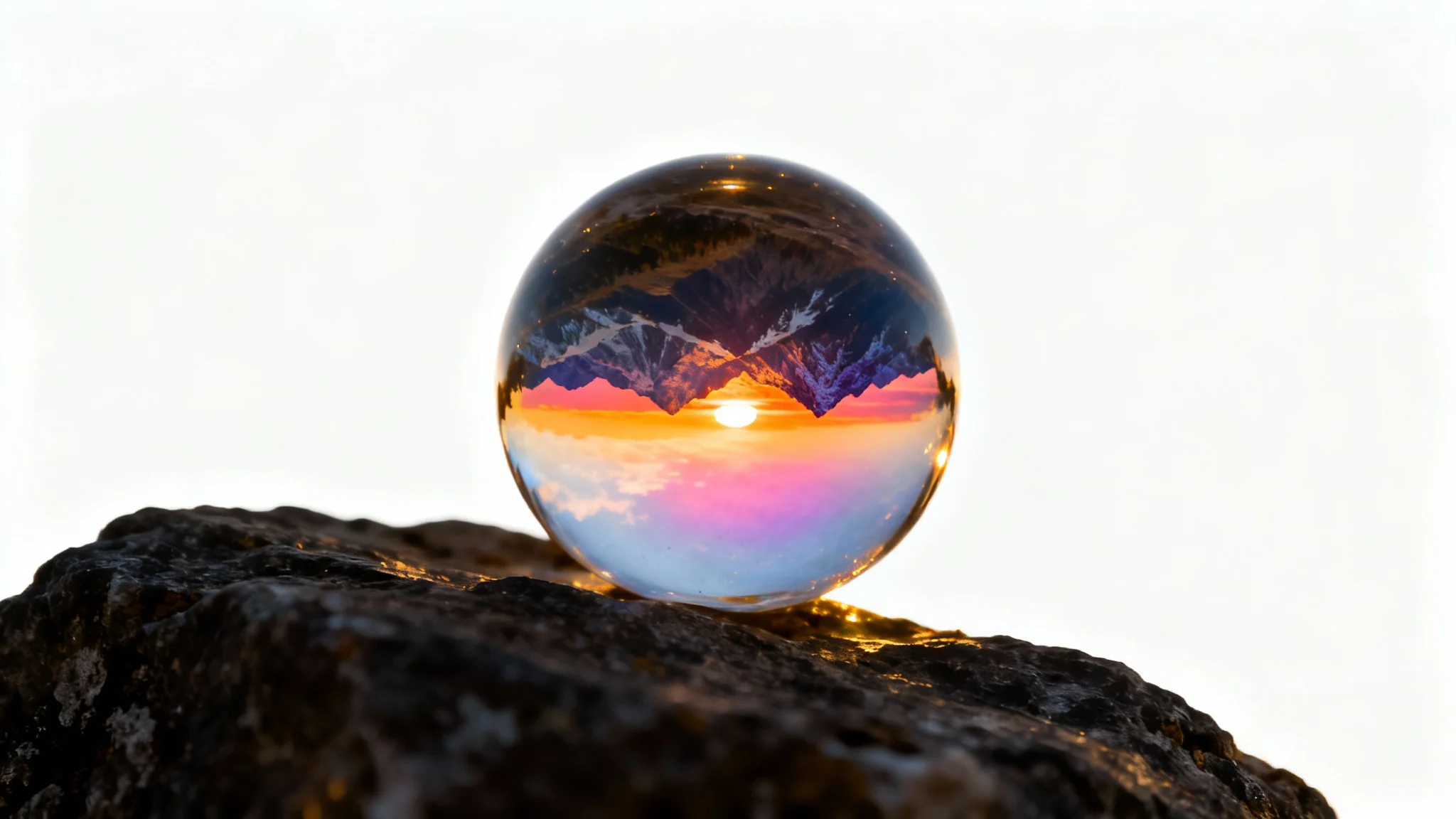 A close-up photograph of a clear crystal ball capturing and inverting a beautiful mountain sunset scene within it, set against a plain white background.