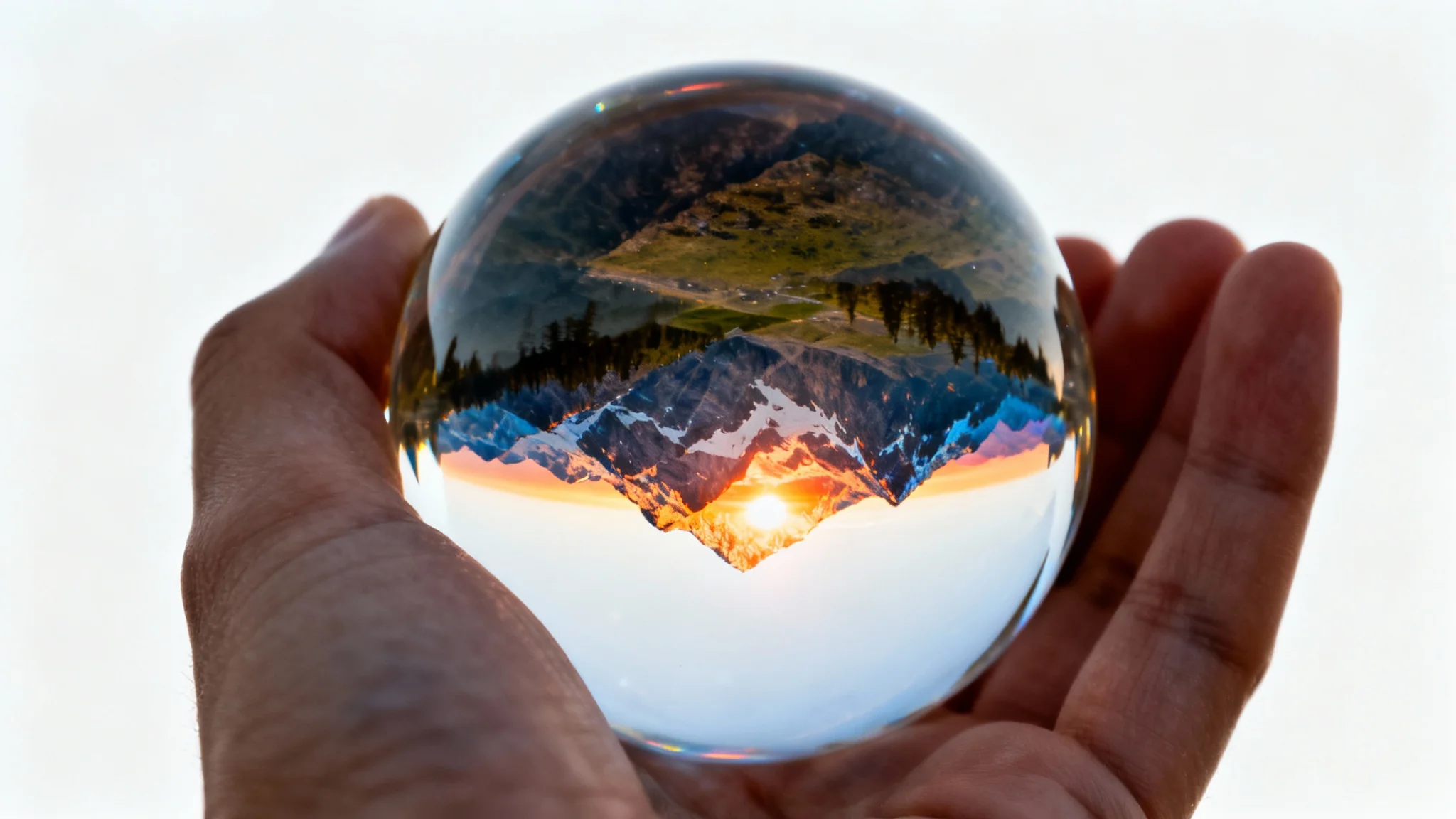 A photorealistic mockup of a hand holding a crystal ball, which reflects an upside-down mountain sunrise. The background is solid white.