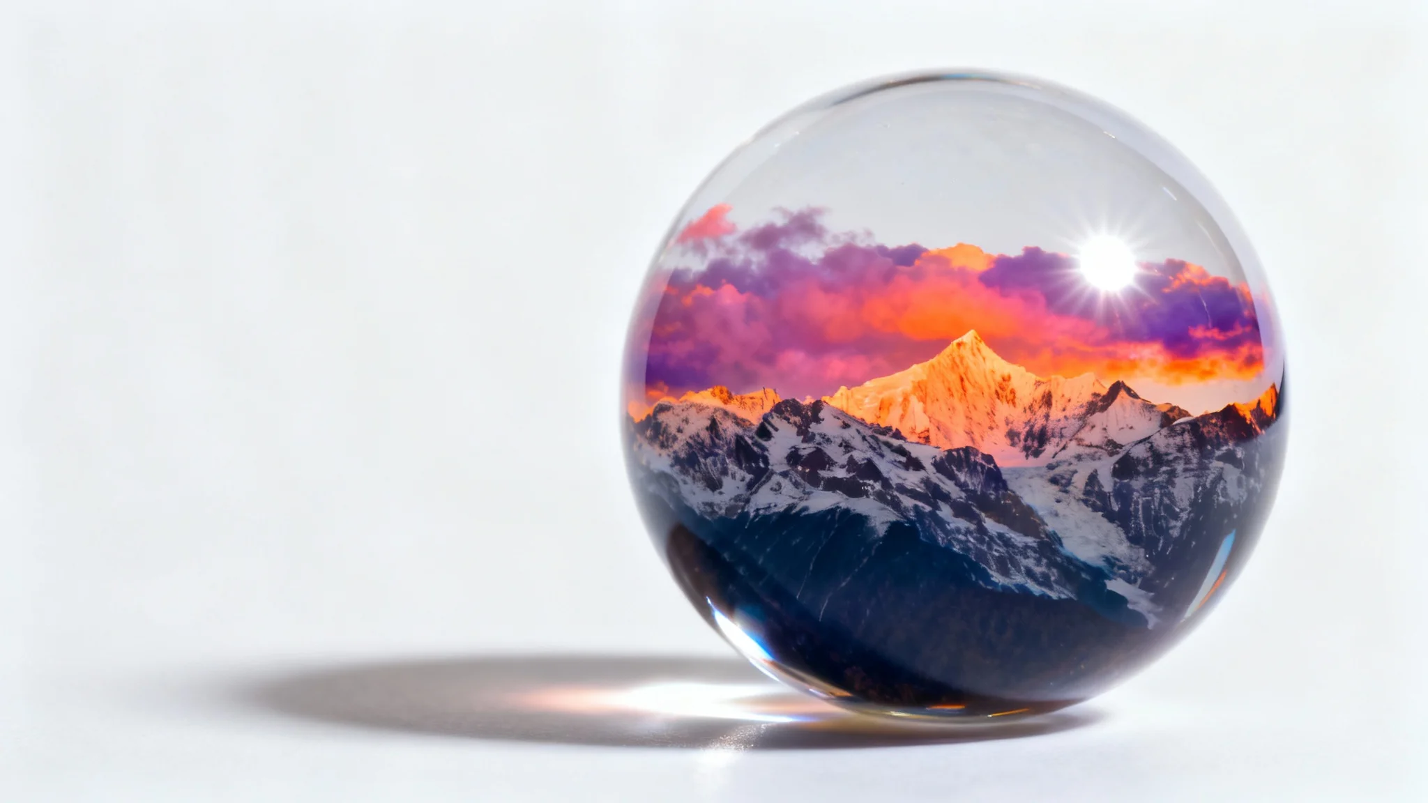 A perfectly clear crystal ball on a white surface, showing a refracted, upside-down image of a mountain range at sunset inside it.