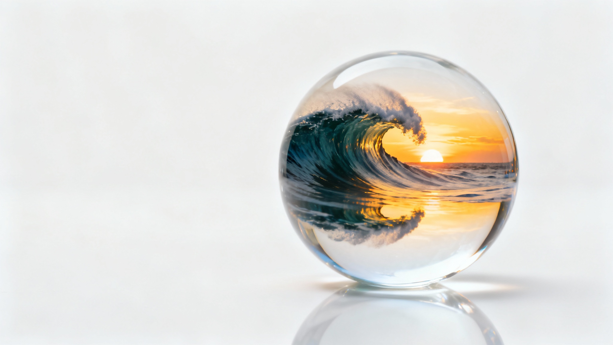 A clear crystal ball sits on a white surface, showing a refracted, upside-down image of an ocean wave at sunset inside it.
