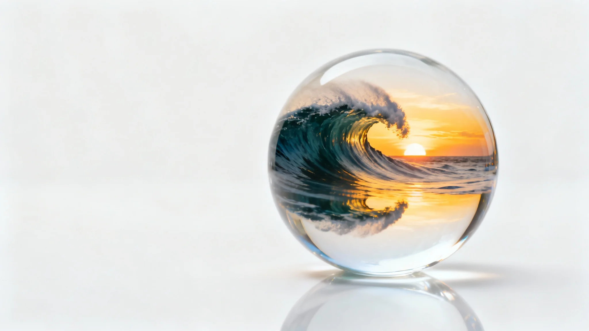 A clear crystal ball sits on a white surface, showing a refracted, upside-down image of an ocean wave at sunset inside it.