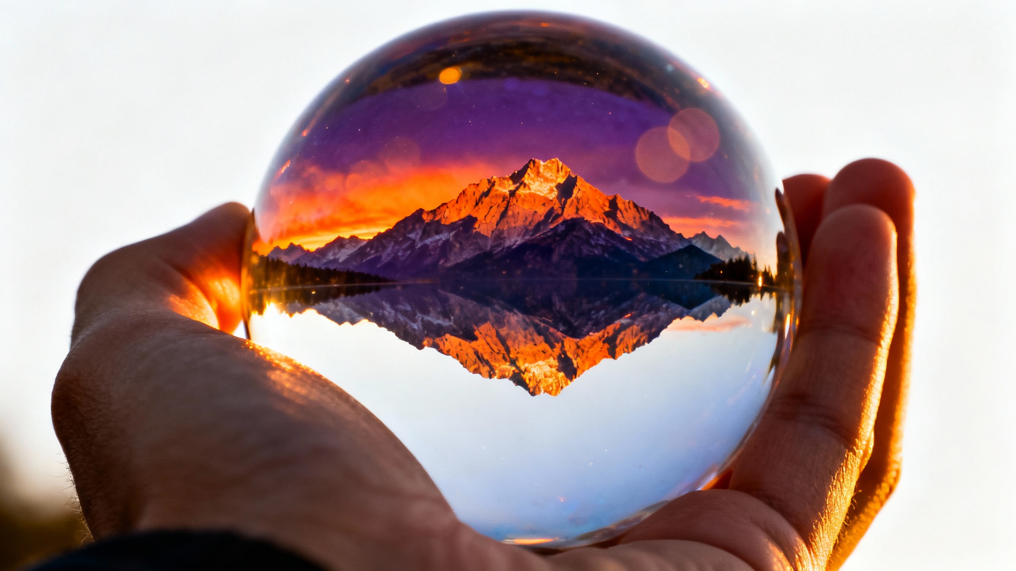 A photorealistic image of hands holding a crystal ball. The ball reflects an inverted, stunning image of a mountain range at sunset, set against a soft-focus background of the same scene.