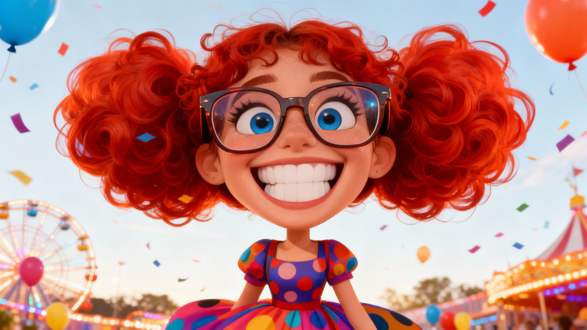 A professional digital caricature of a woman with exaggerated features, including huge red curly pigtails, oversized glasses, and a large smile, set against a colorful carnival background. This represents the final output of a caricature art tool.