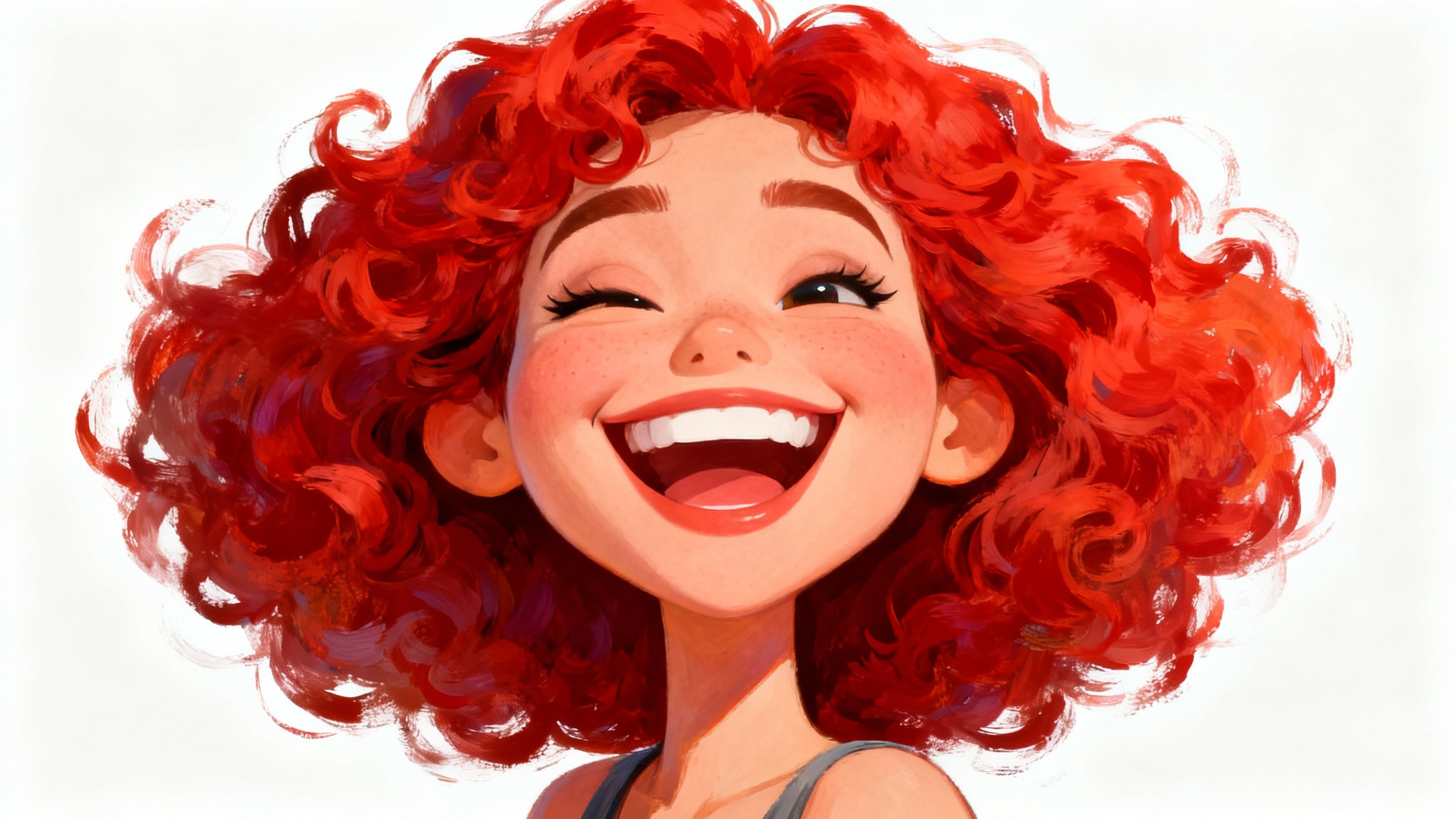A colorful digital caricature of a cheerful woman with exaggerated curly red hair and a big smile, presented as a head-and-shoulders portrait against a white background.