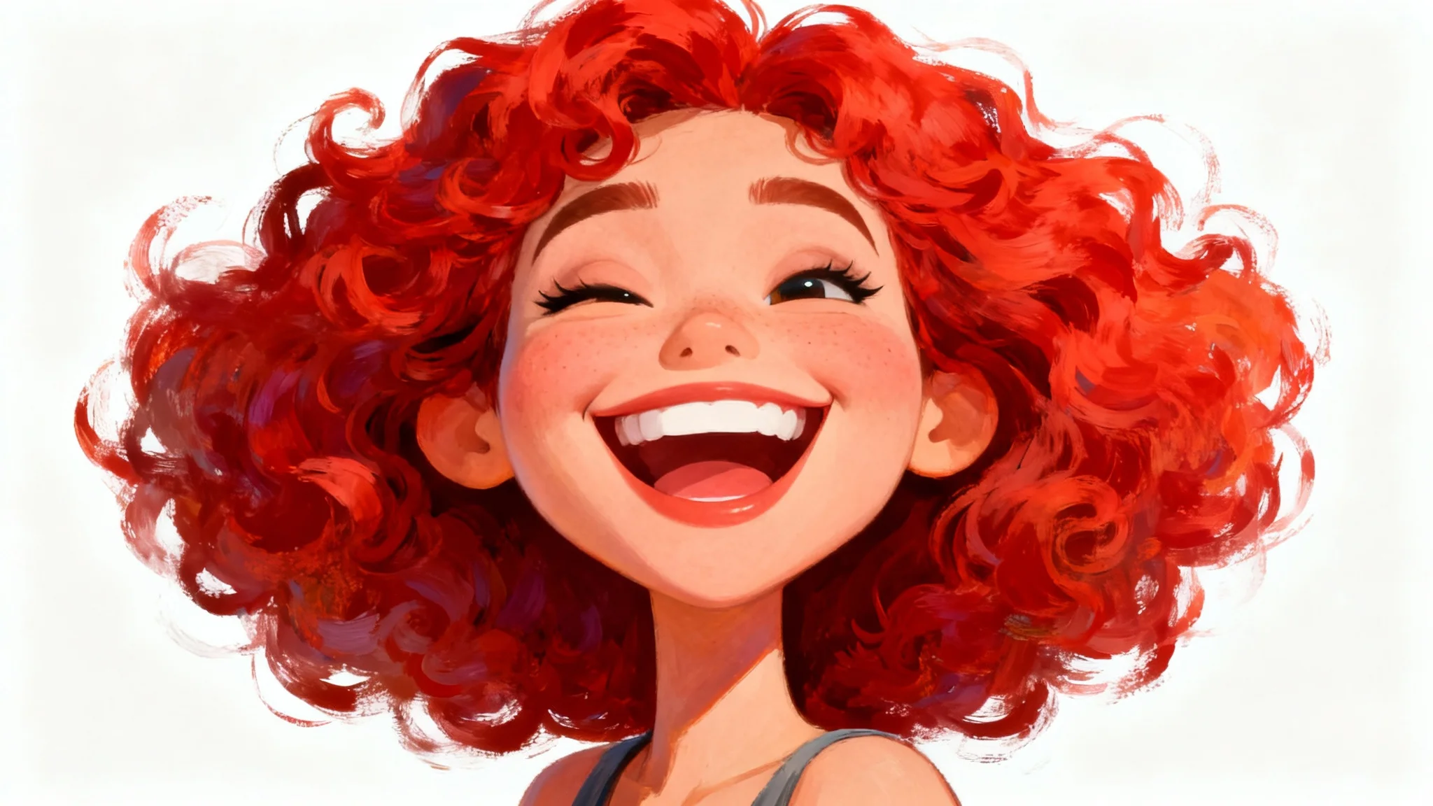 A colorful digital caricature of a cheerful woman with exaggerated curly red hair and a big smile, presented as a head-and-shoulders portrait against a white background.