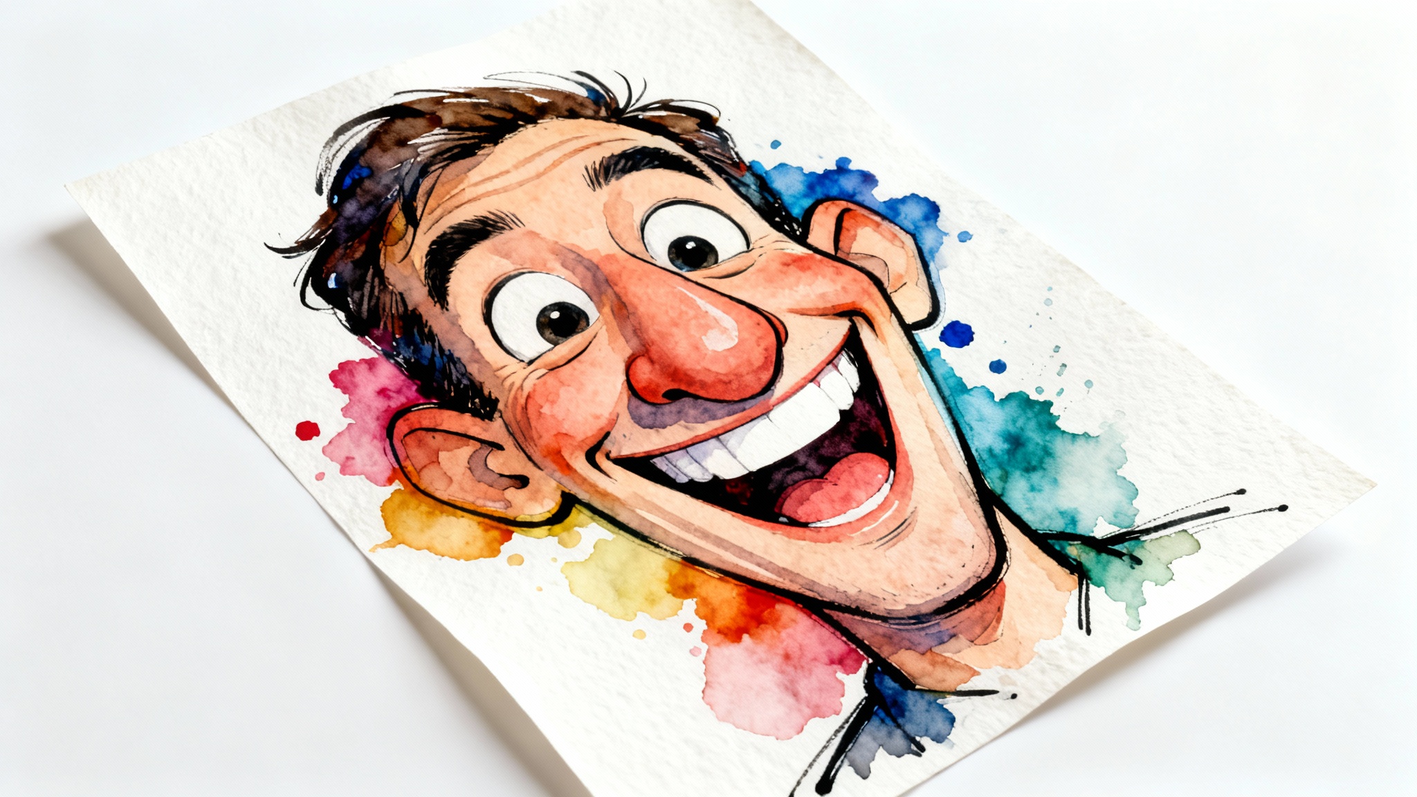 A colorful and funny caricature drawing of a laughing man with exaggerated features, presented as a mockup on a clean white background.