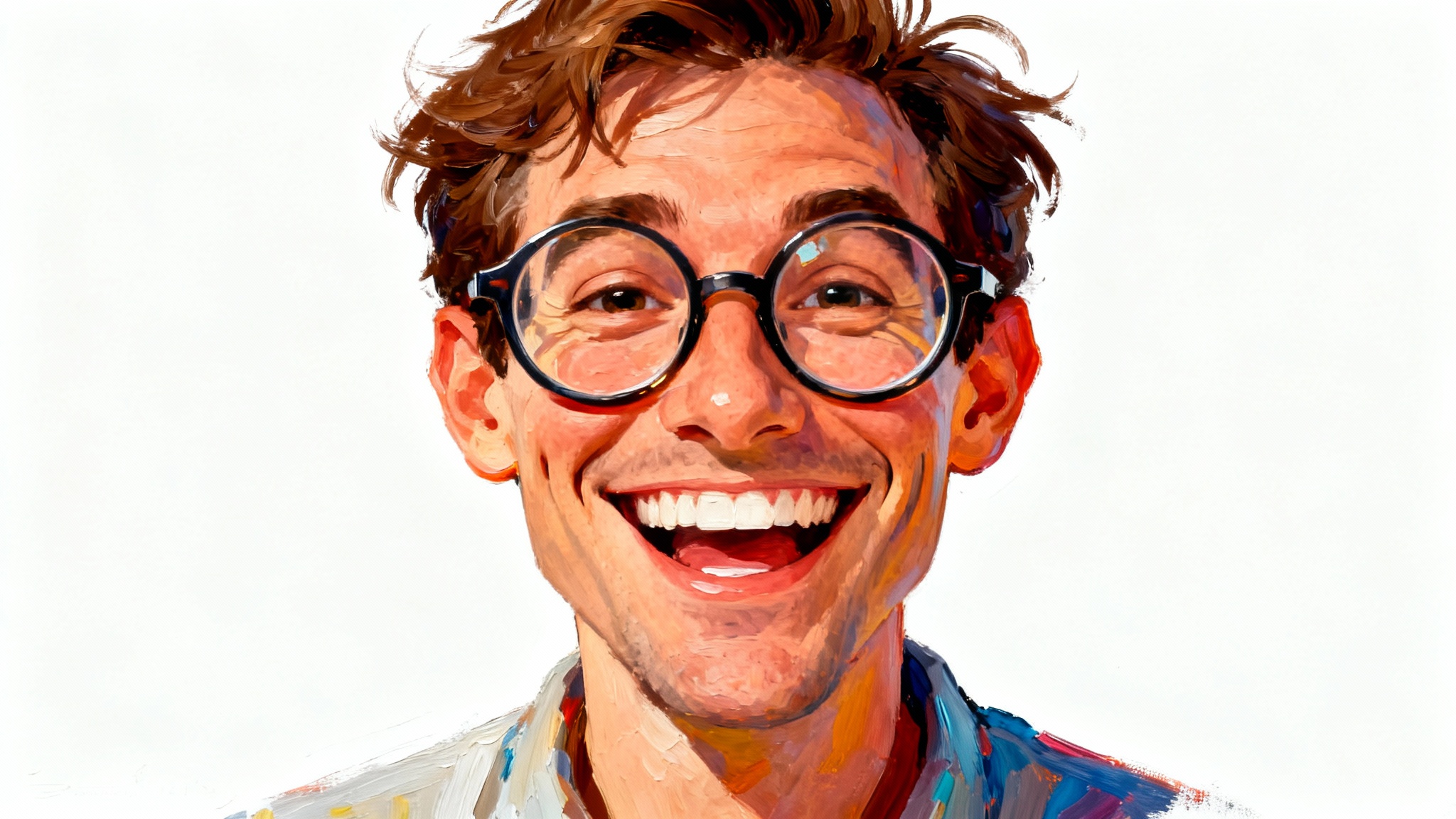A colorful and humorous caricature painting of a man with a large smile and oversized glasses, set against a plain white background.