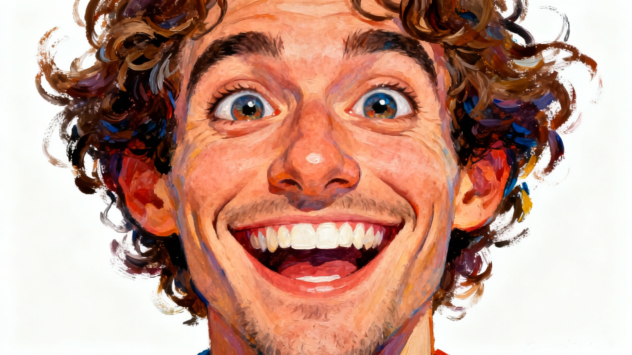 A colorful and funny caricature of a smiling man with exaggerated features, drawn in a painterly style on a white background.
