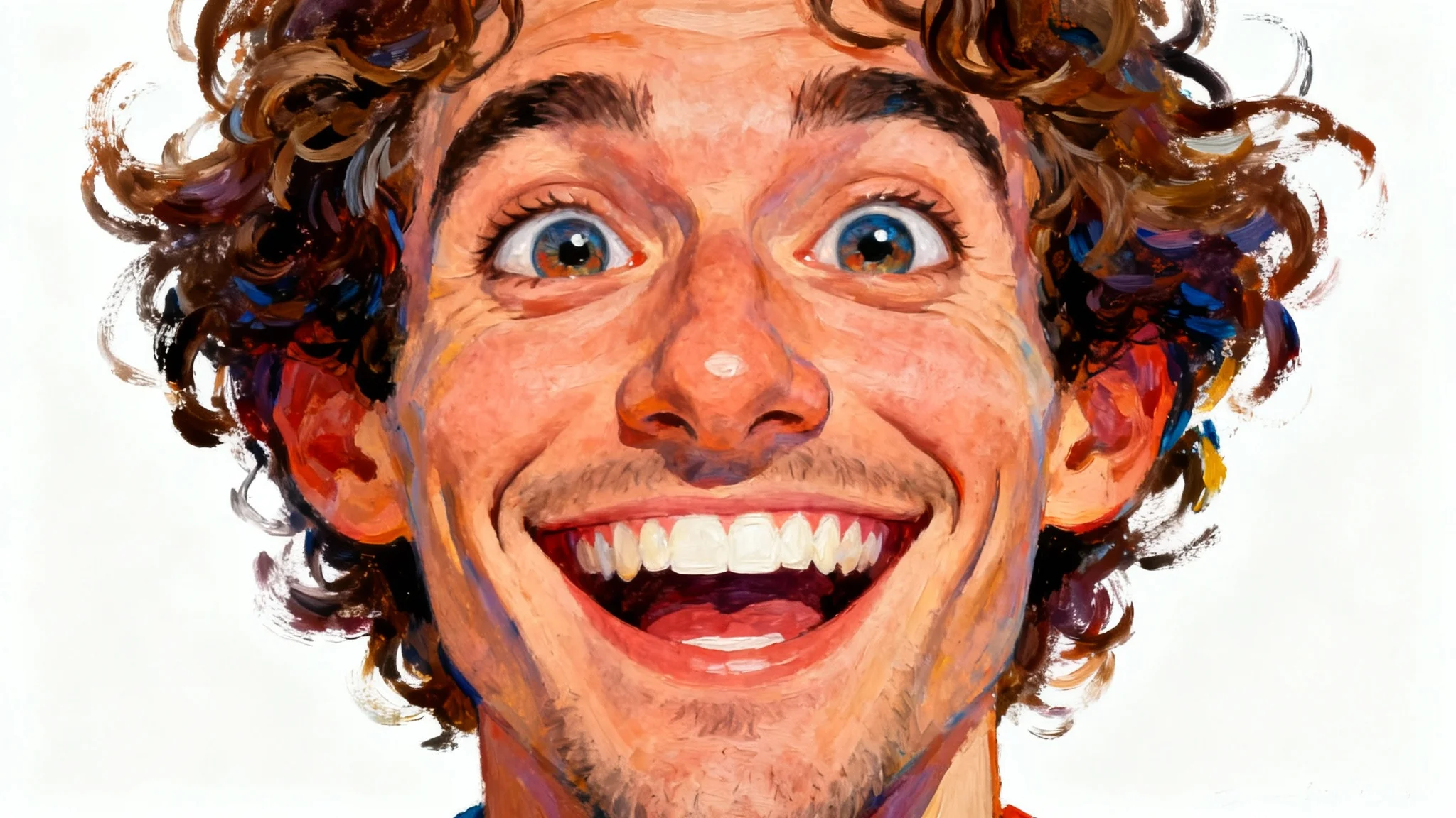 A colorful and funny caricature of a smiling man with exaggerated features, drawn in a painterly style on a white background.