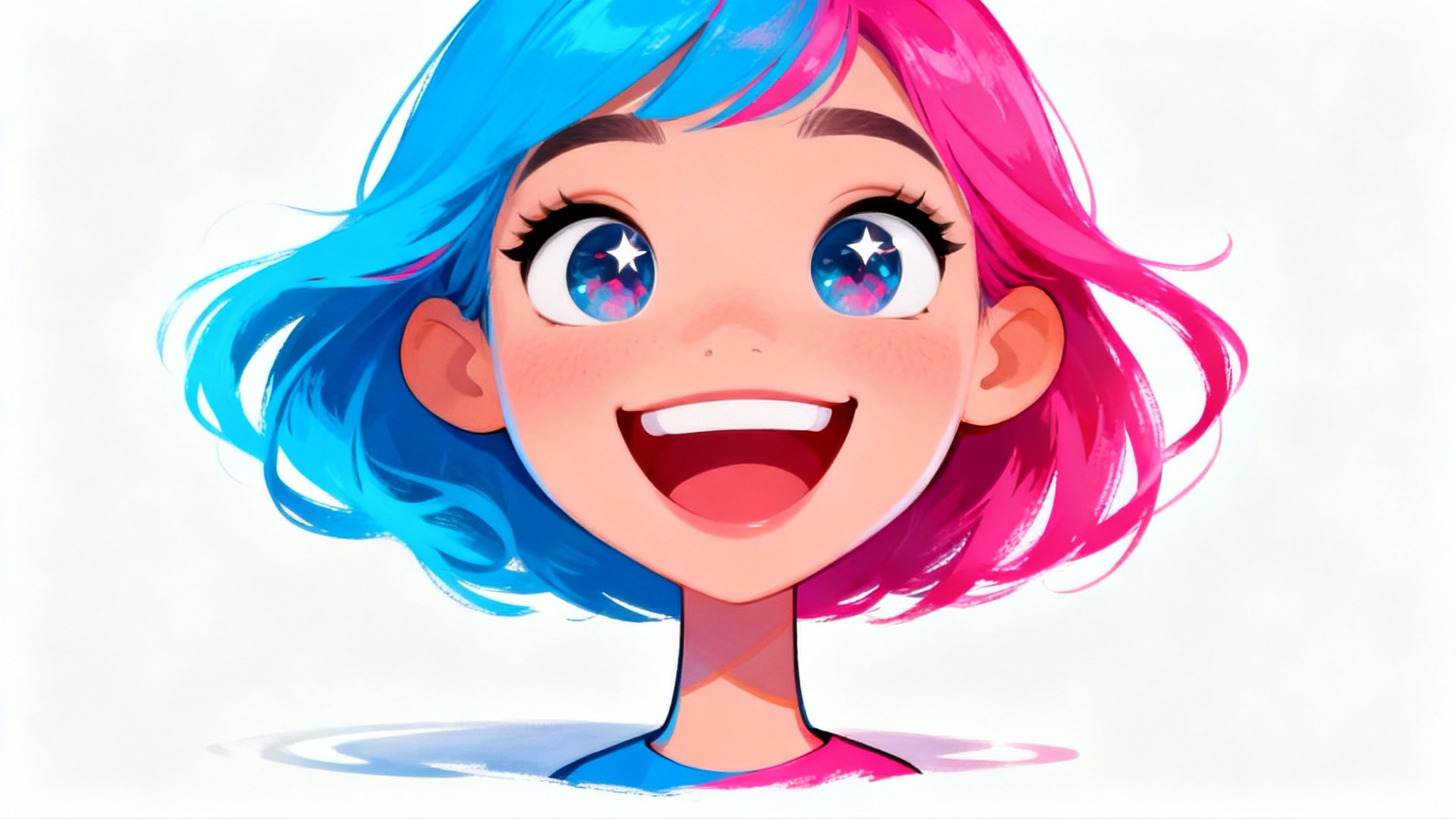 A colorful and fun caricature drawing of a woman with a big smile and bright blue and pink hair, shown as a finished art piece on a white background.
