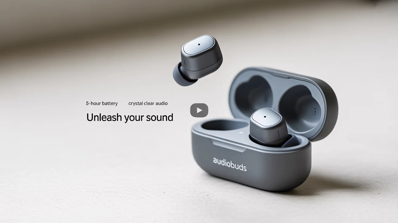 A screenshot of a professional Amazon product video for 'AUDIOBUDS' wireless earbuds. The earbuds and case are shown against a clean background with text overlays highlighting features like '5-Hour Battery' and 'Crystal Clear Audio', with the tagline 'UNLEASH YOUR SOUND' at the bottom.