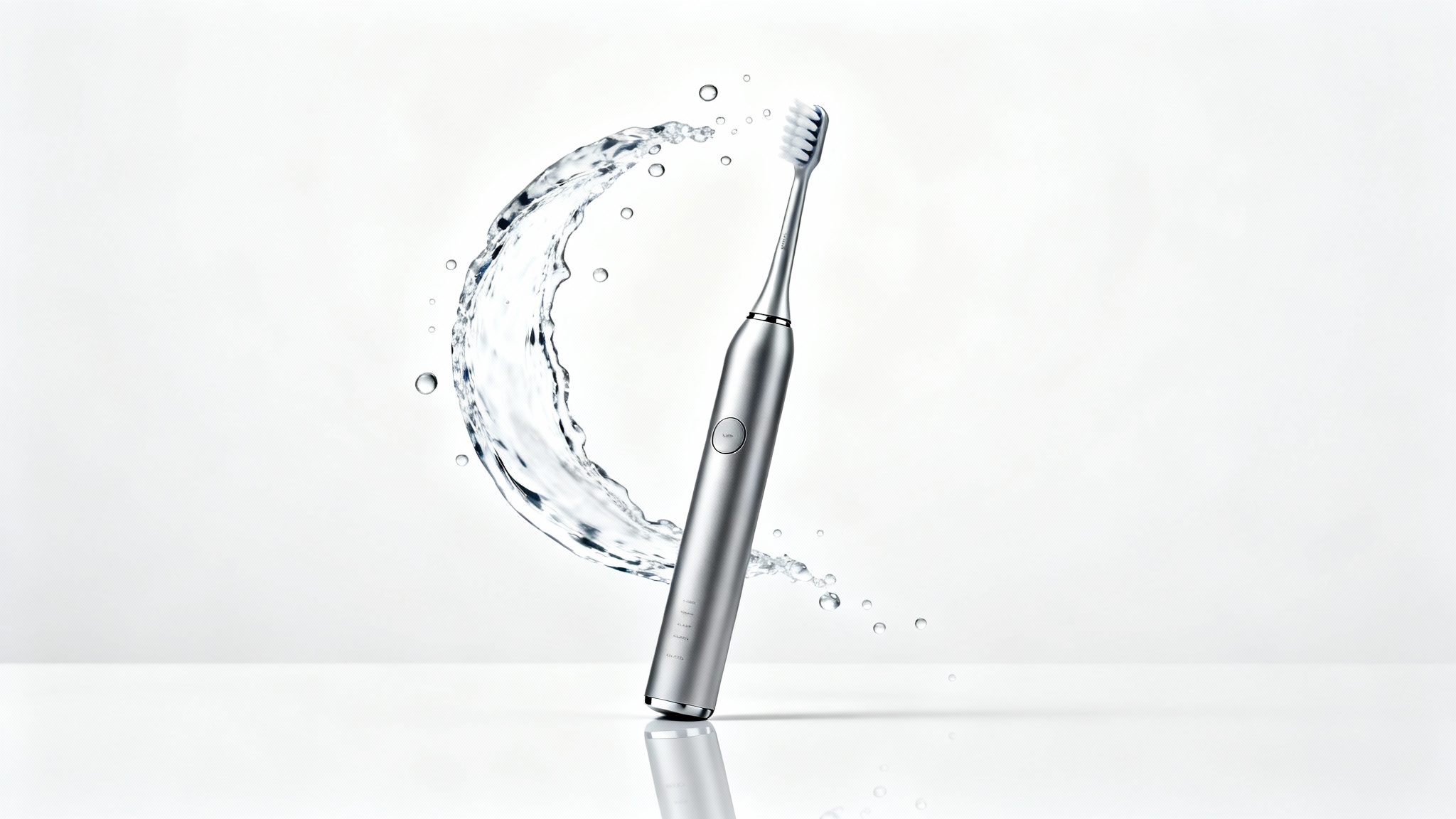 A high-end product shot of a sleek silver electric toothbrush standing on a reflective white surface, with a dynamic splash of water frozen in the air behind it against a clean white background.
