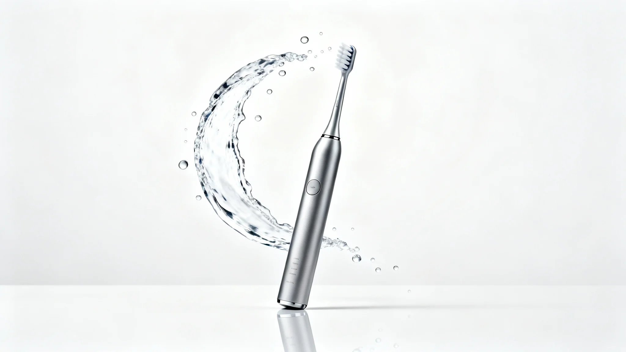 A high-end product shot of a sleek silver electric toothbrush standing on a reflective white surface, with a dynamic splash of water frozen in the air behind it against a clean white background.