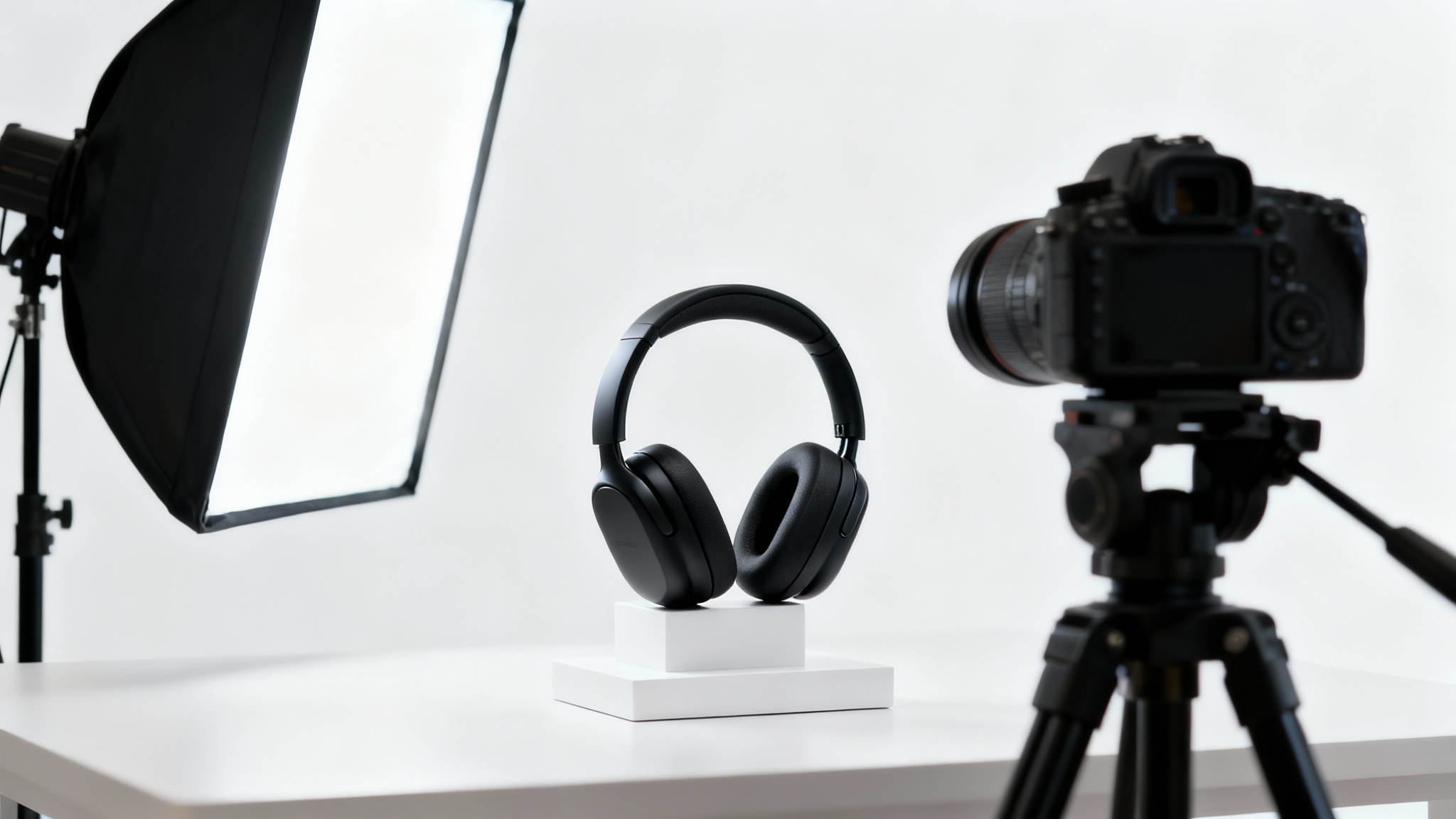 A professional studio setup for creating an Amazon product video, showing a pair of black headphones on a stand, a camera on a tripod, and a large studio light against a clean white background.