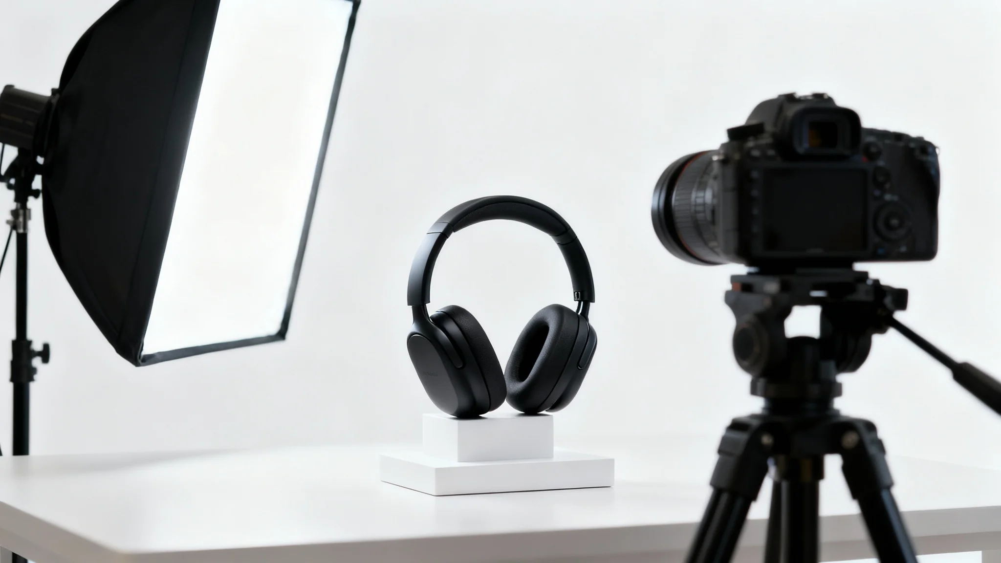 A professional studio setup for creating an Amazon product video, showing a pair of black headphones on a stand, a camera on a tripod, and a large studio light against a clean white background.