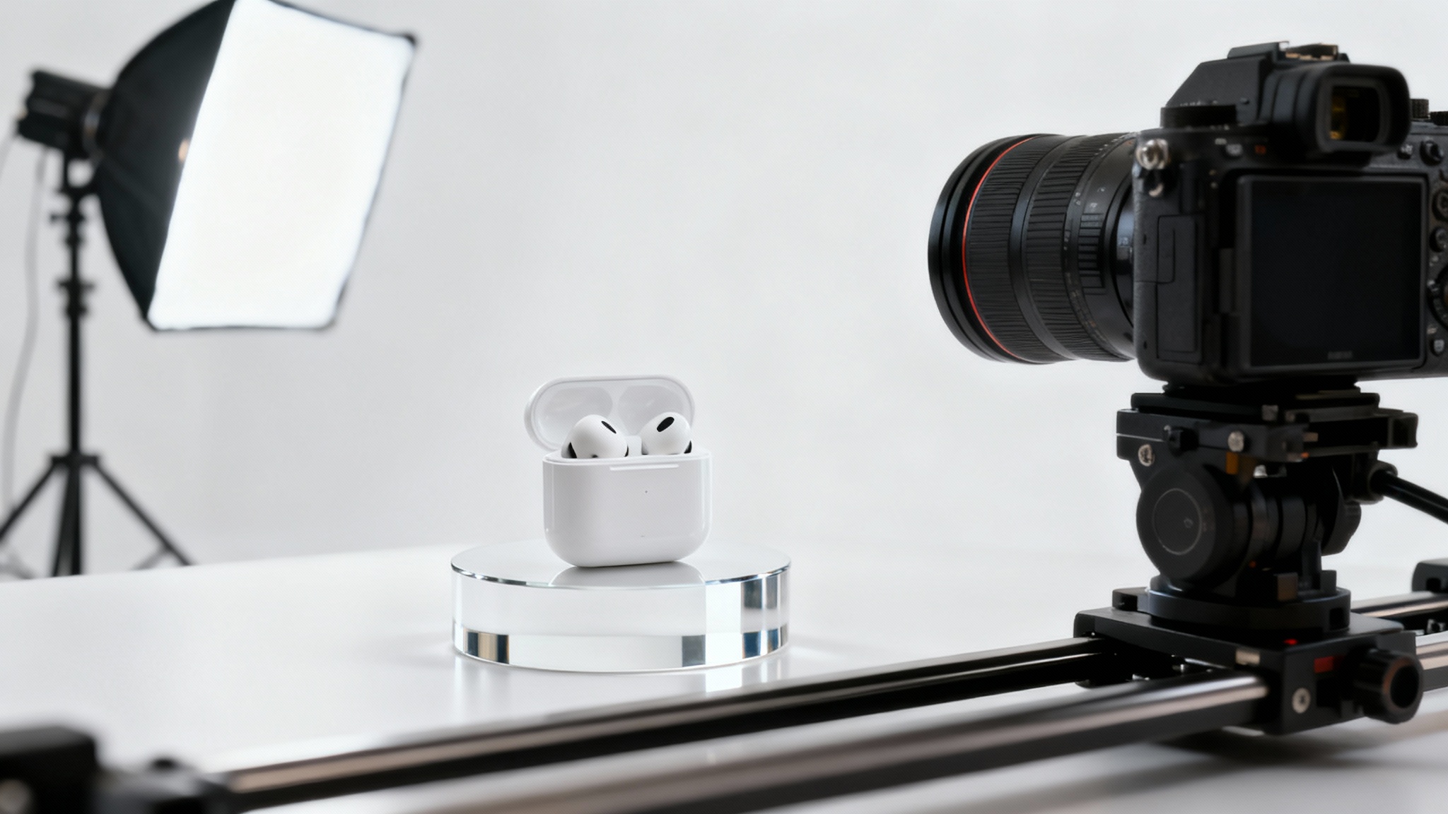 A professional product video shoot setup featuring a pair of wireless earbuds on a pedestal, being filmed by a high-end camera in a clean, white studio environment.