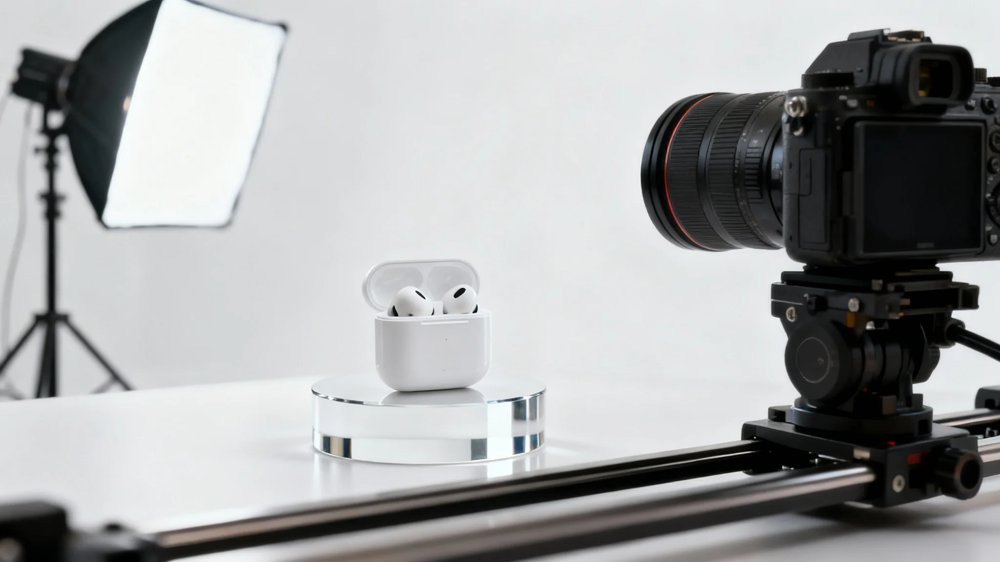 A professional product video shoot setup featuring a pair of wireless earbuds on a pedestal, being filmed by a high-end camera in a clean, white studio environment.