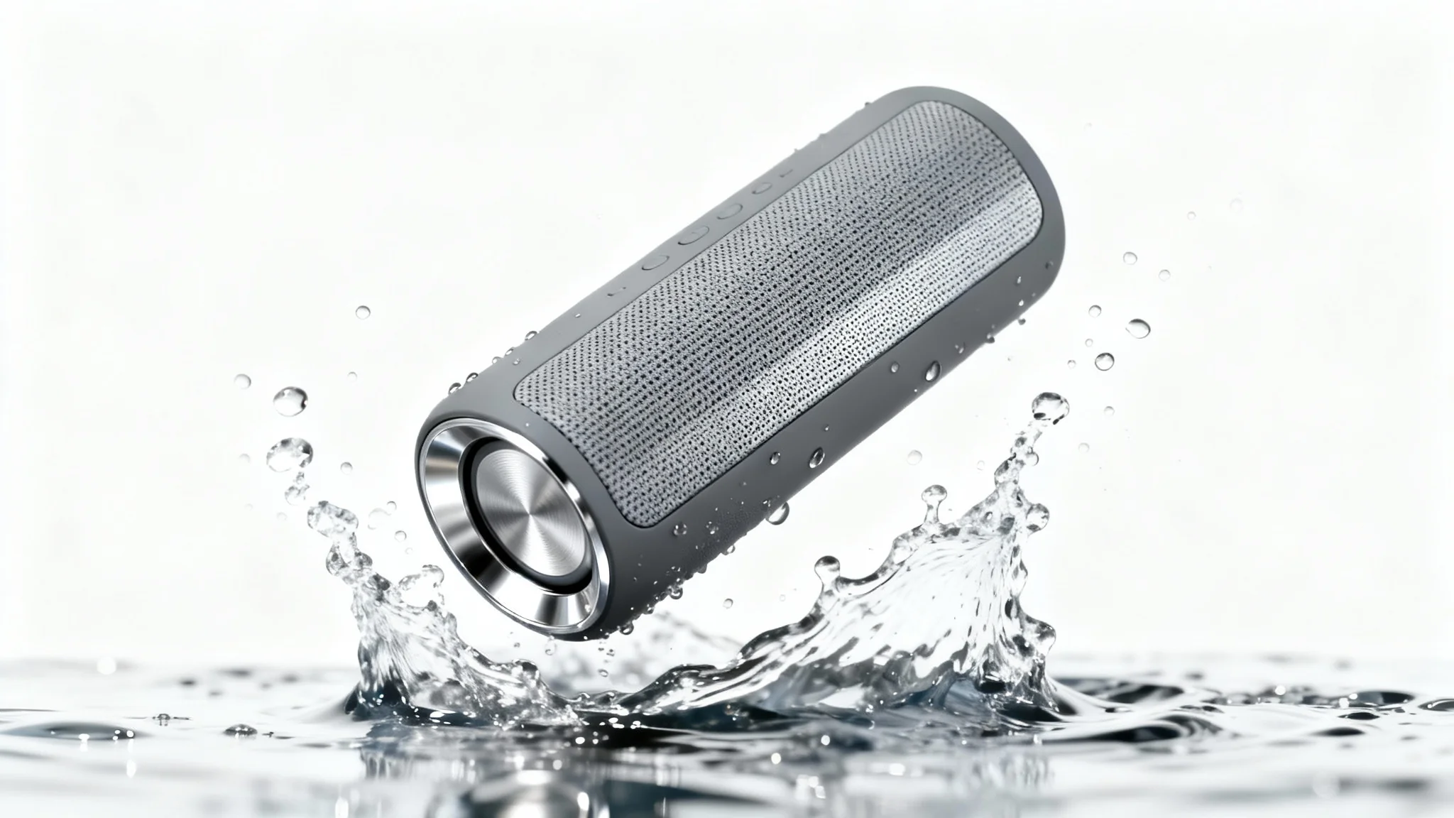 A professional product shot of a sleek grey wireless speaker suspended in mid-air against a white background, with splashes of water frozen in motion around it, demonstrating its water-resistant quality for an Amazon product video.