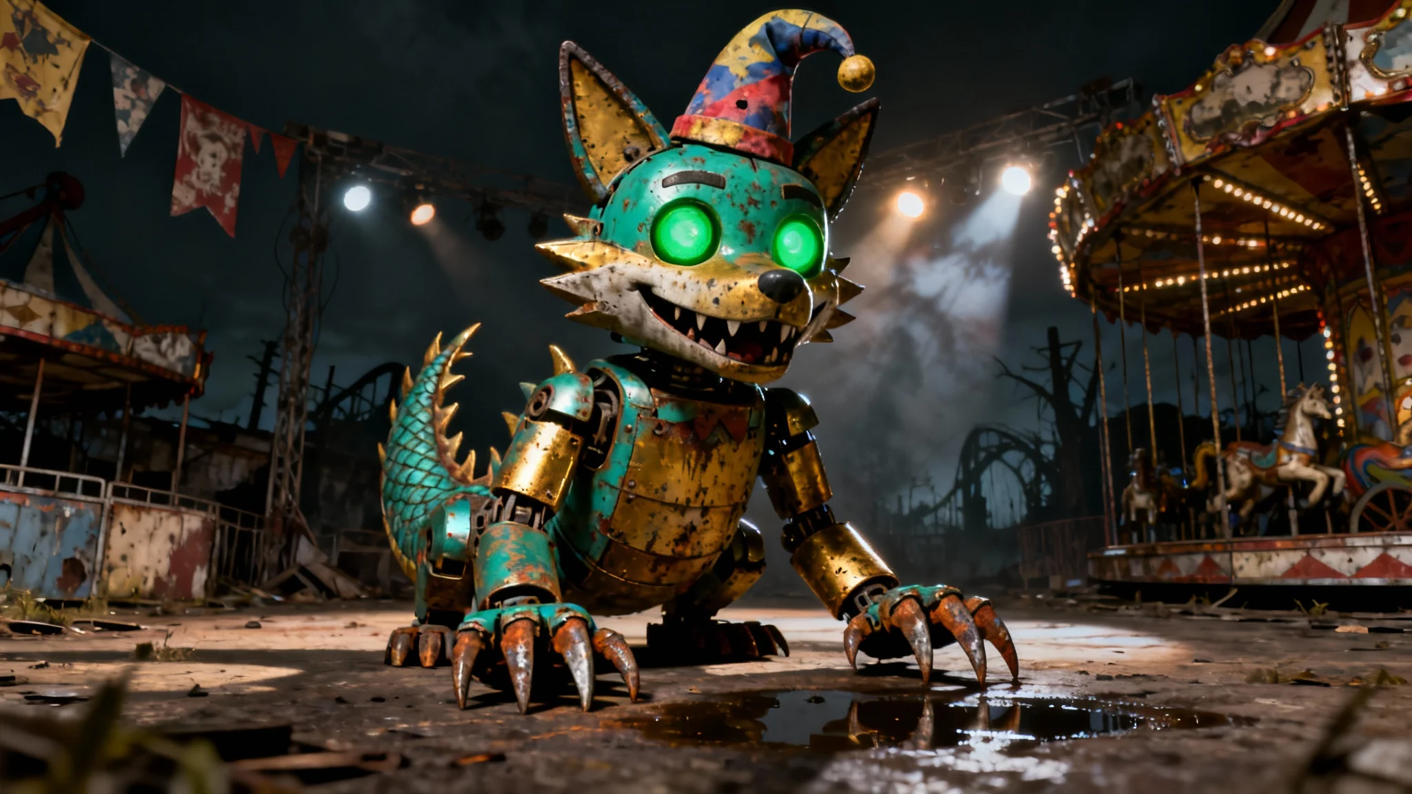 A photorealistic, terrifying animatronic character in the style of FNAF, a hybrid of a teal and gold fox-dragon, wearing a jester hat and standing in a dark carnival scene with glowing green eyes.