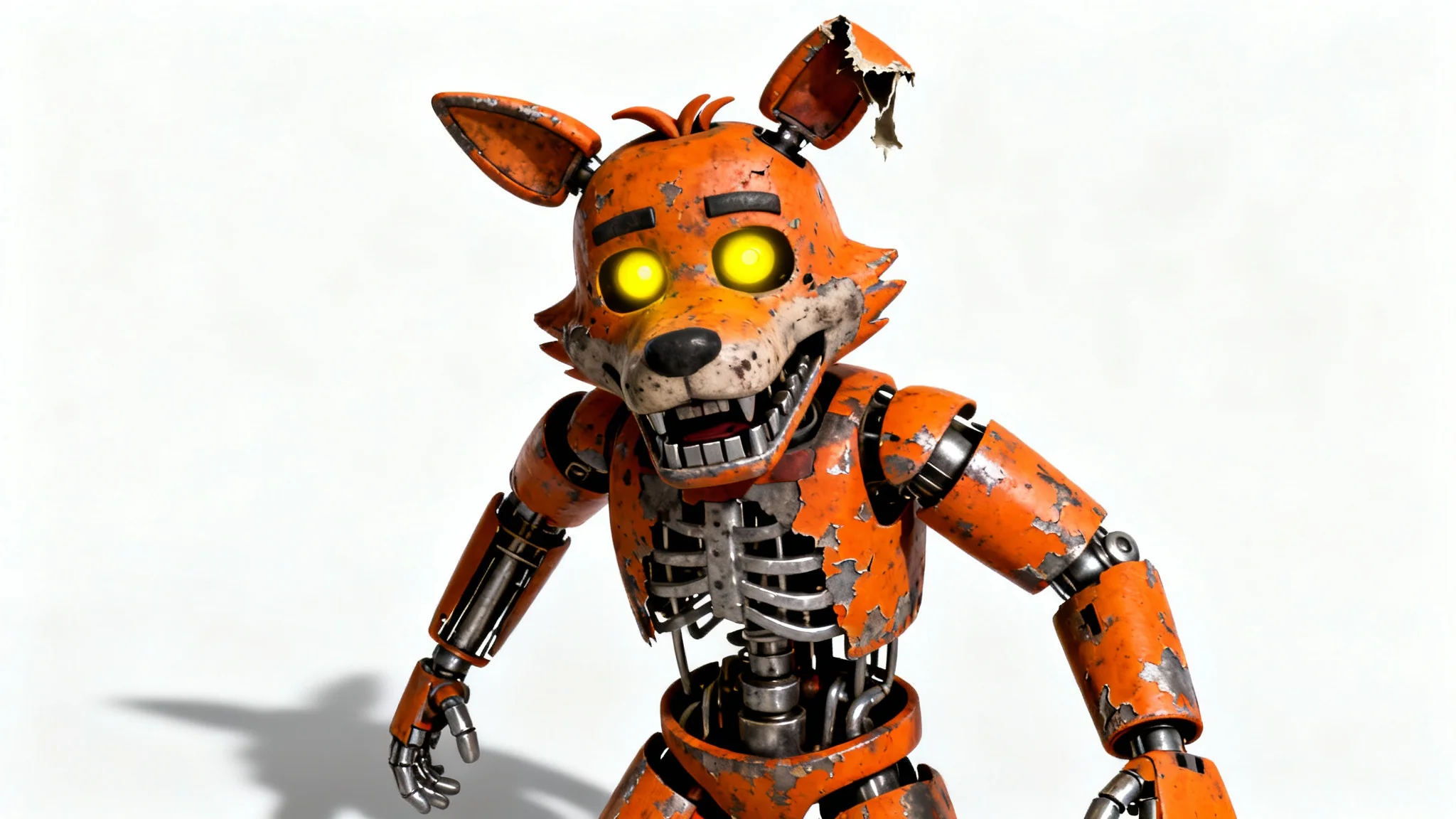 A photorealistic mockup of a terrifying animatronic fox character with glowing yellow eyes, inspired by the horror game Five Nights at Freddy's, standing against a stark white background.