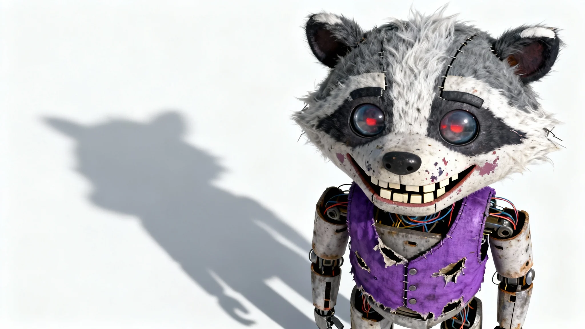 A photorealistic 3D render of a creepy animatronic badger inspired by the FNAF series, featuring glowing red eyes and a worn-out appearance, standing against a plain white background.