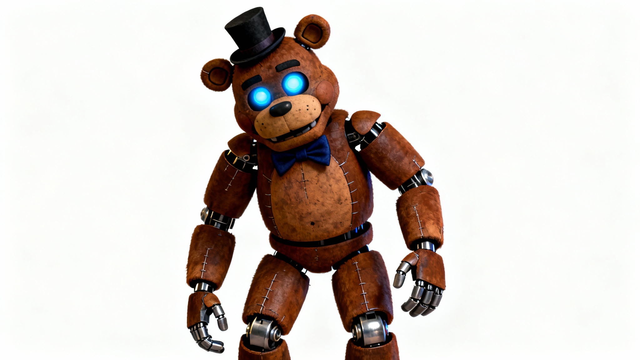 A photorealistic 3D render of a creepy animatronic bear character with glowing blue eyes, wearing a top hat and bowtie, standing against a solid white background.