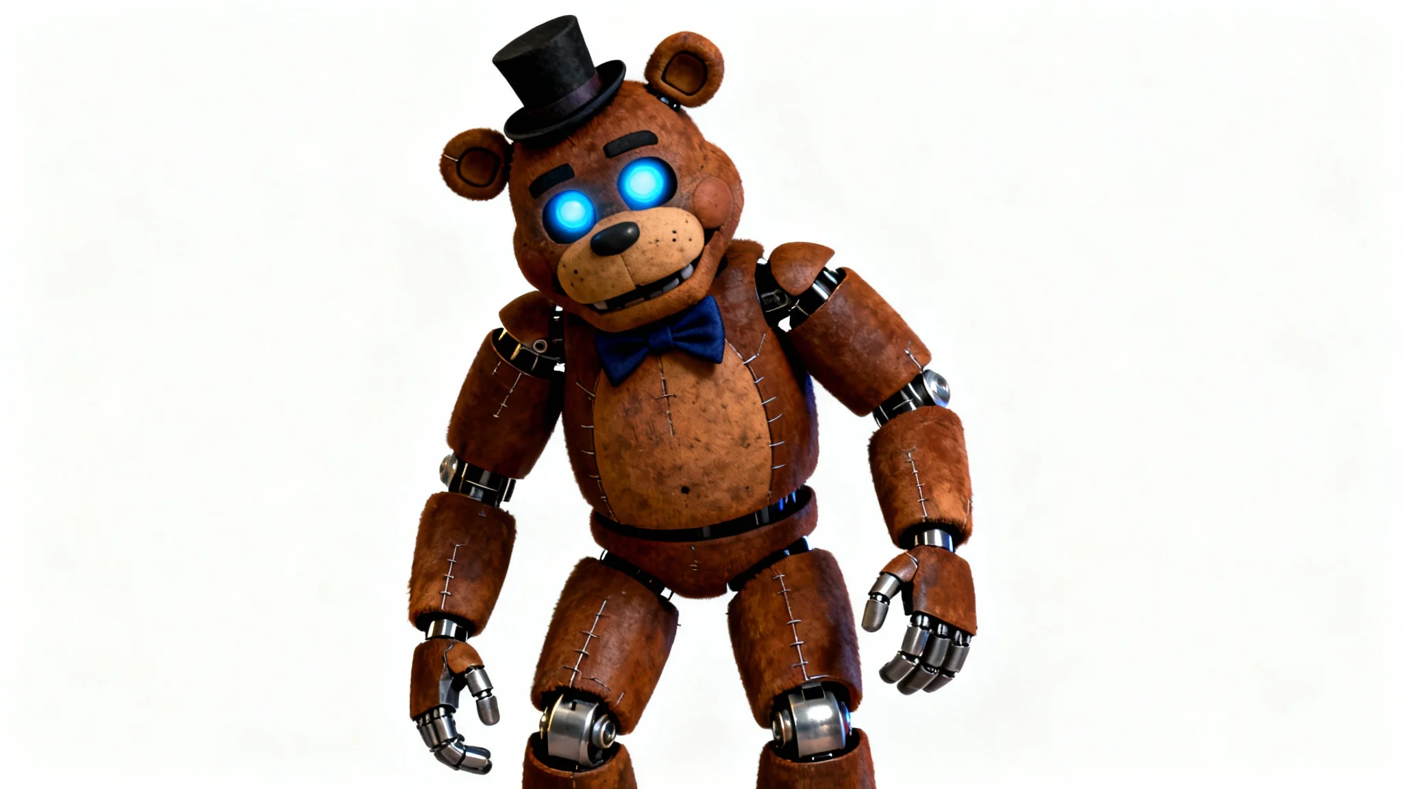 A photorealistic 3D render of a creepy animatronic bear character with glowing blue eyes, wearing a top hat and bowtie, standing against a solid white background.