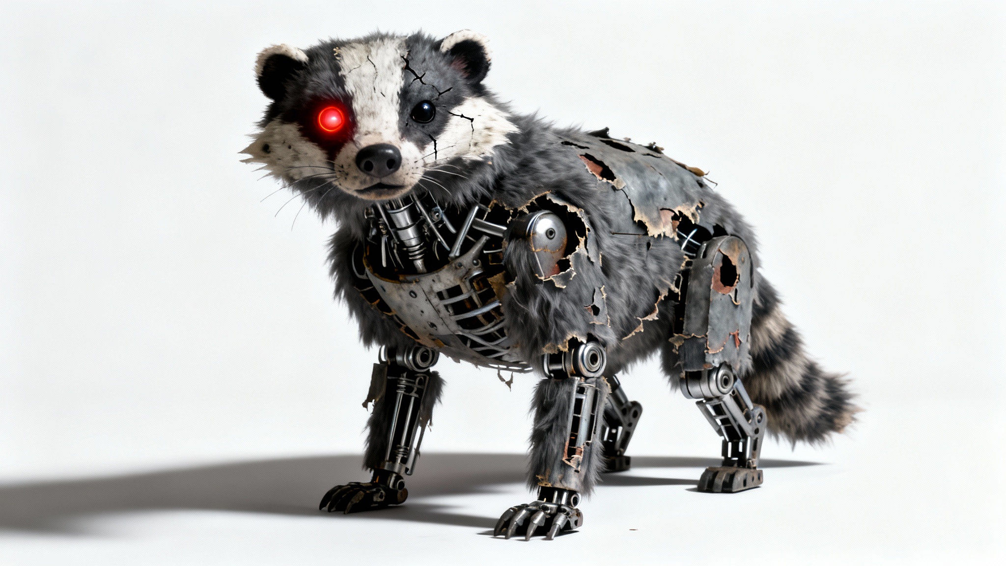A photorealistic 3D render of a menacing animatronic badger character, in the style of FNAF, standing on a white background. The character has worn gray fur, a glowing red eye, and visible endoskeleton parts.