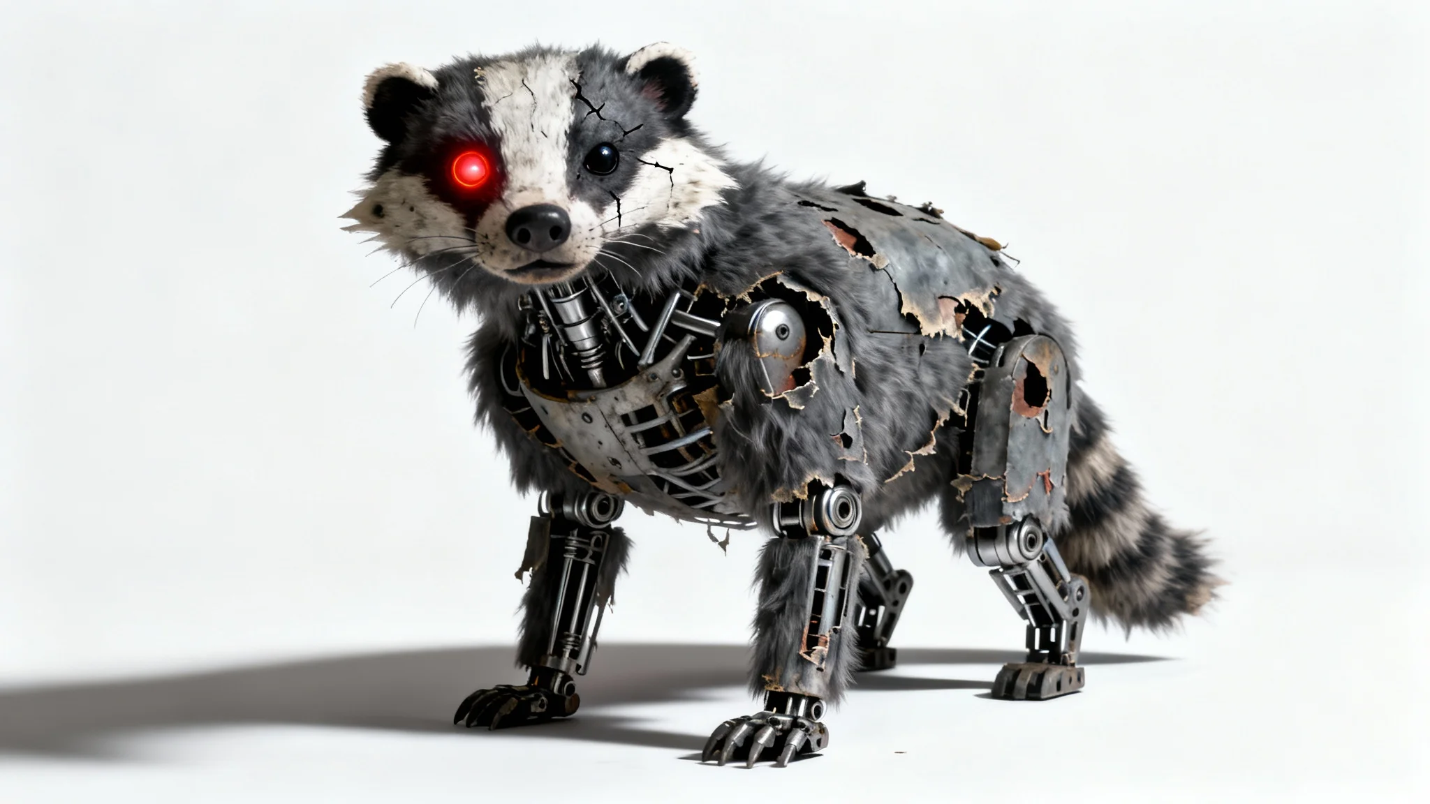 A photorealistic 3D render of a menacing animatronic badger character, in the style of FNAF, standing on a white background. The character has worn gray fur, a glowing red eye, and visible endoskeleton parts.