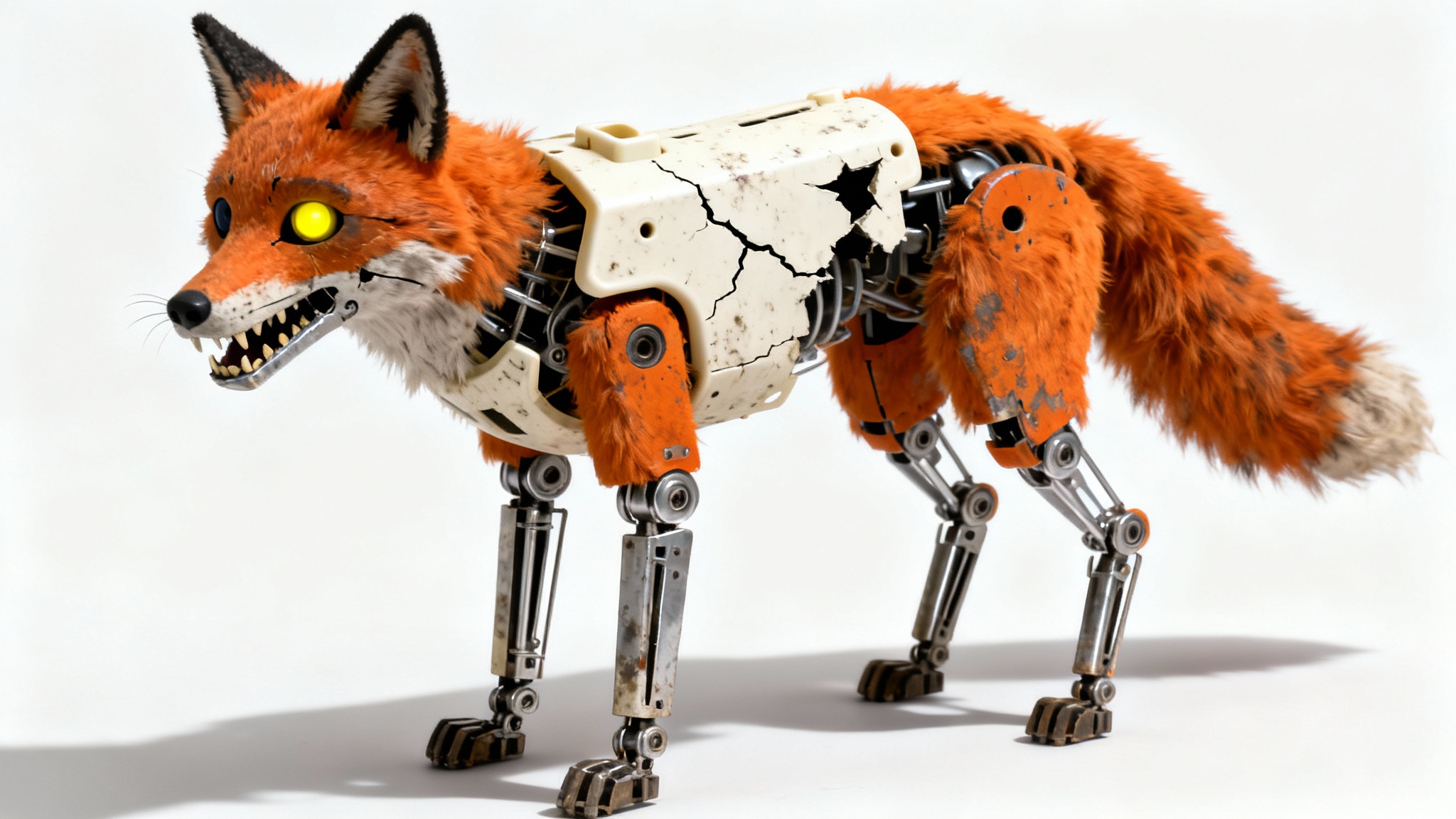 A photorealistic mockup of a creepy animatronic fox character, reminiscent of Five Nights at Freddy's, standing against a stark white background with dramatic, eerie lighting.