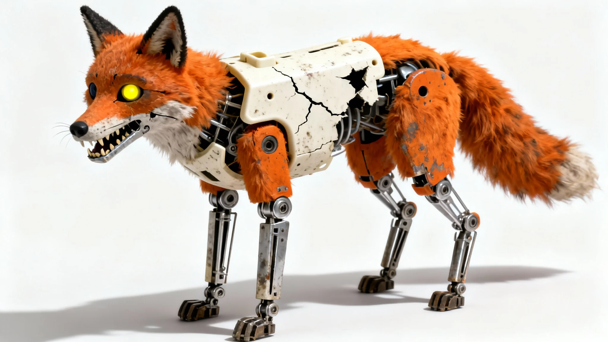 A photorealistic mockup of a creepy animatronic fox character, reminiscent of Five Nights at Freddy's, standing against a stark white background with dramatic, eerie lighting.