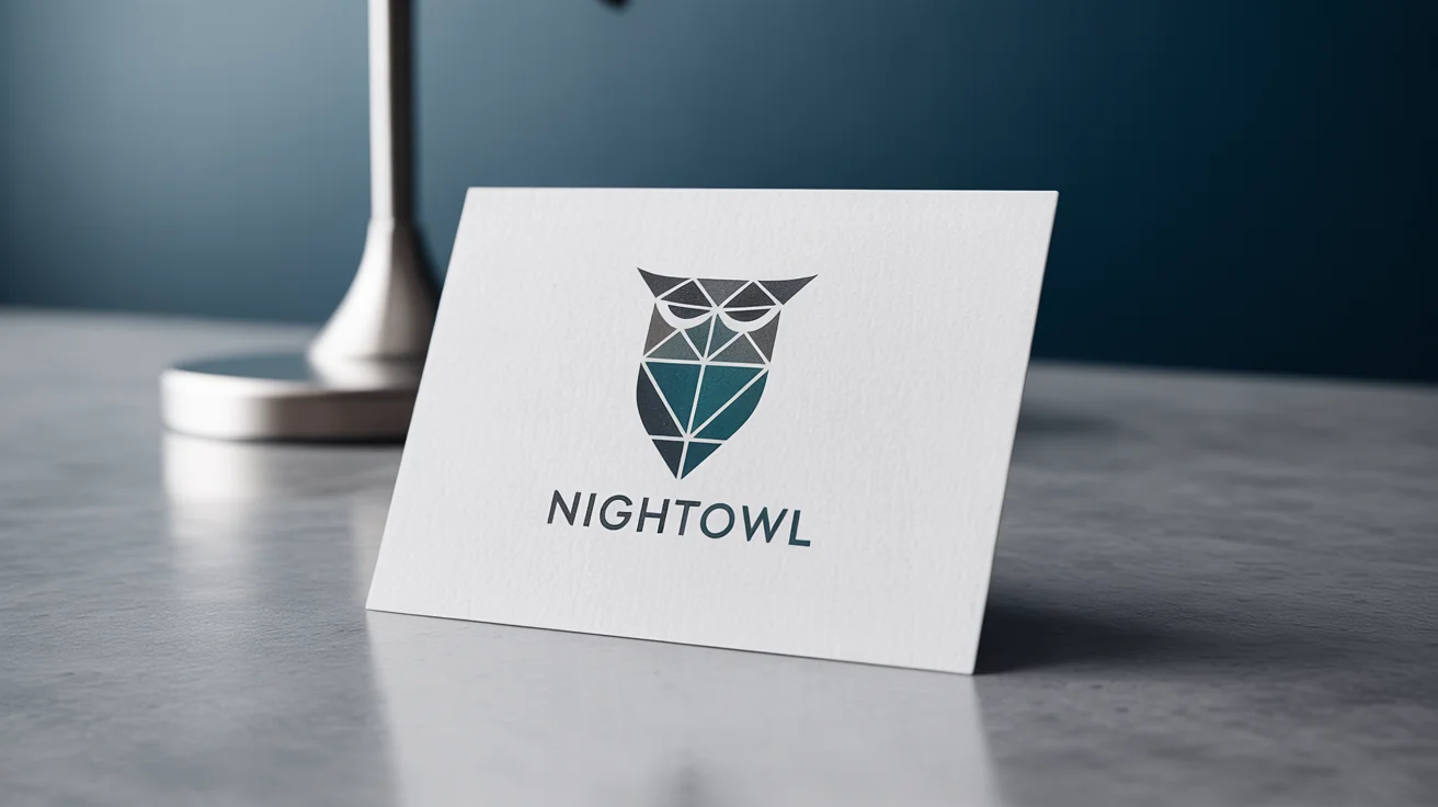 A modern, minimalist logo of a geometric owl for the brand 'NIGHTOWL', professionally mocked up on a business card against a clean background.