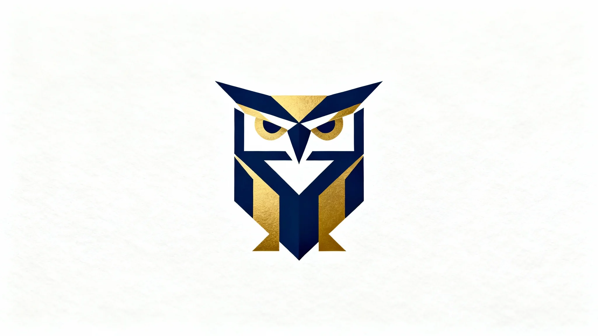 A modern, geometric owl logo in midnight blue and gold, shown as a crisp mockup on a pure white background.