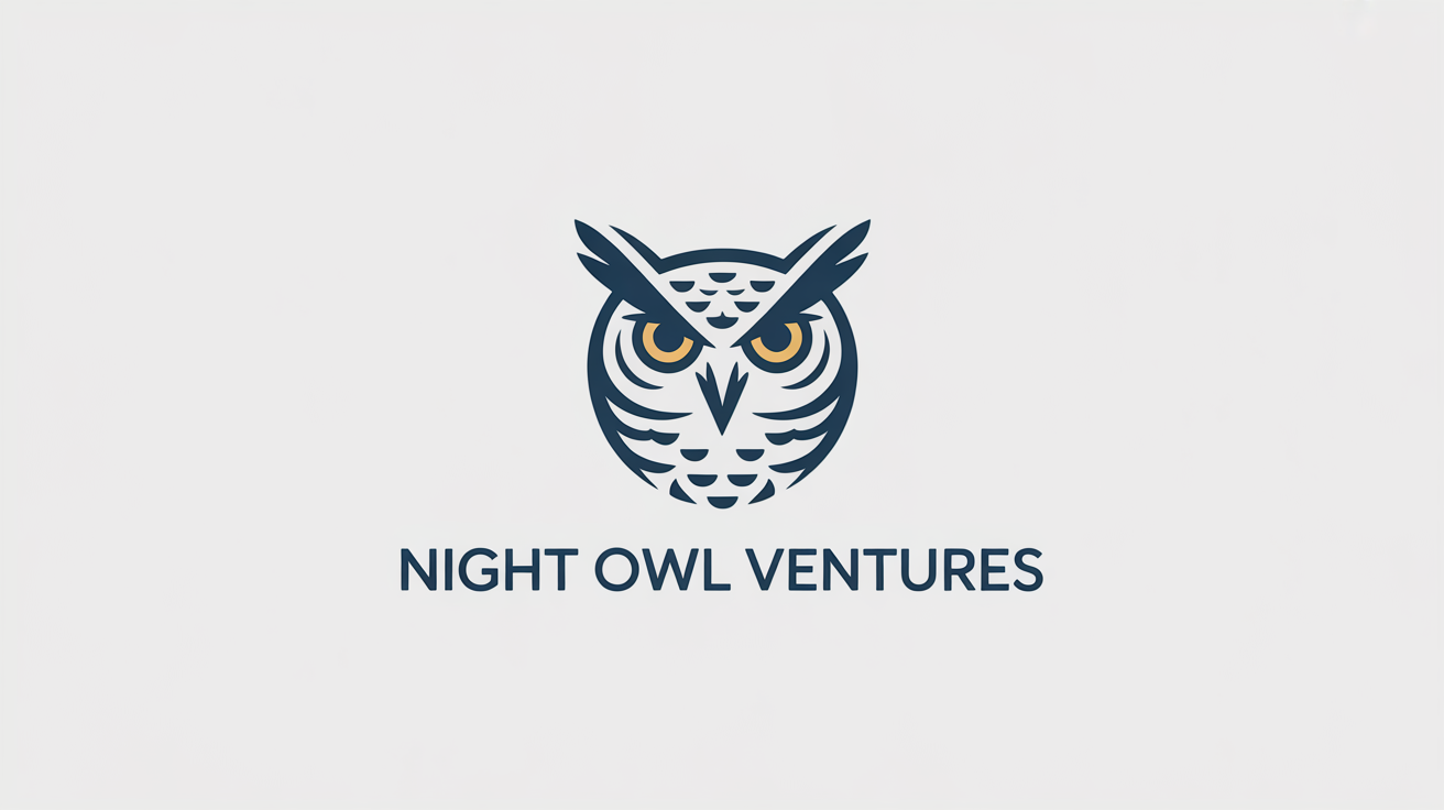 A modern, geometric owl logo for the fictional brand 'NIGHT OWL VENTURES' in navy blue and gold, showcased on a white background.
