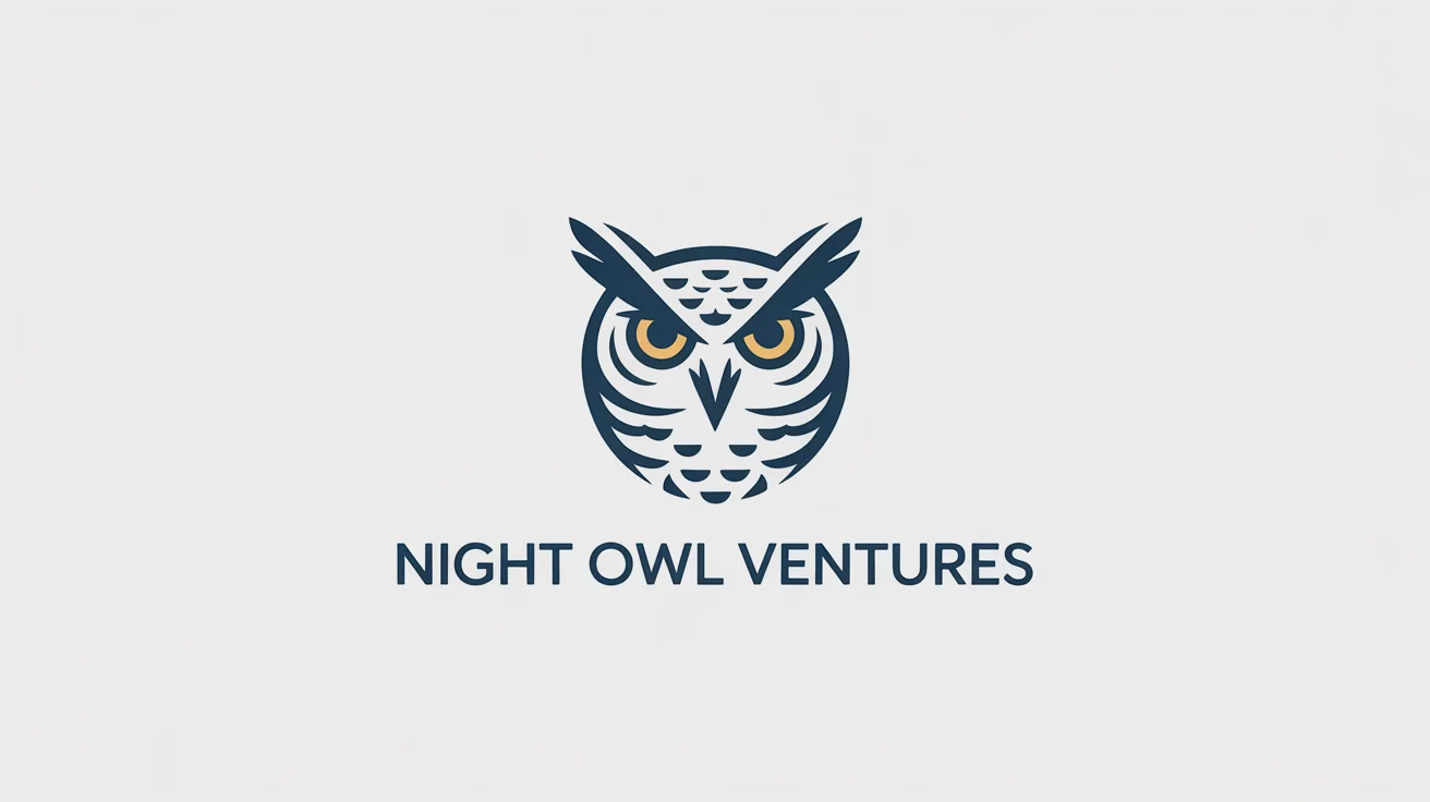 A modern, geometric owl logo for the fictional brand 'NIGHT OWL VENTURES' in navy blue and gold, showcased on a white background.