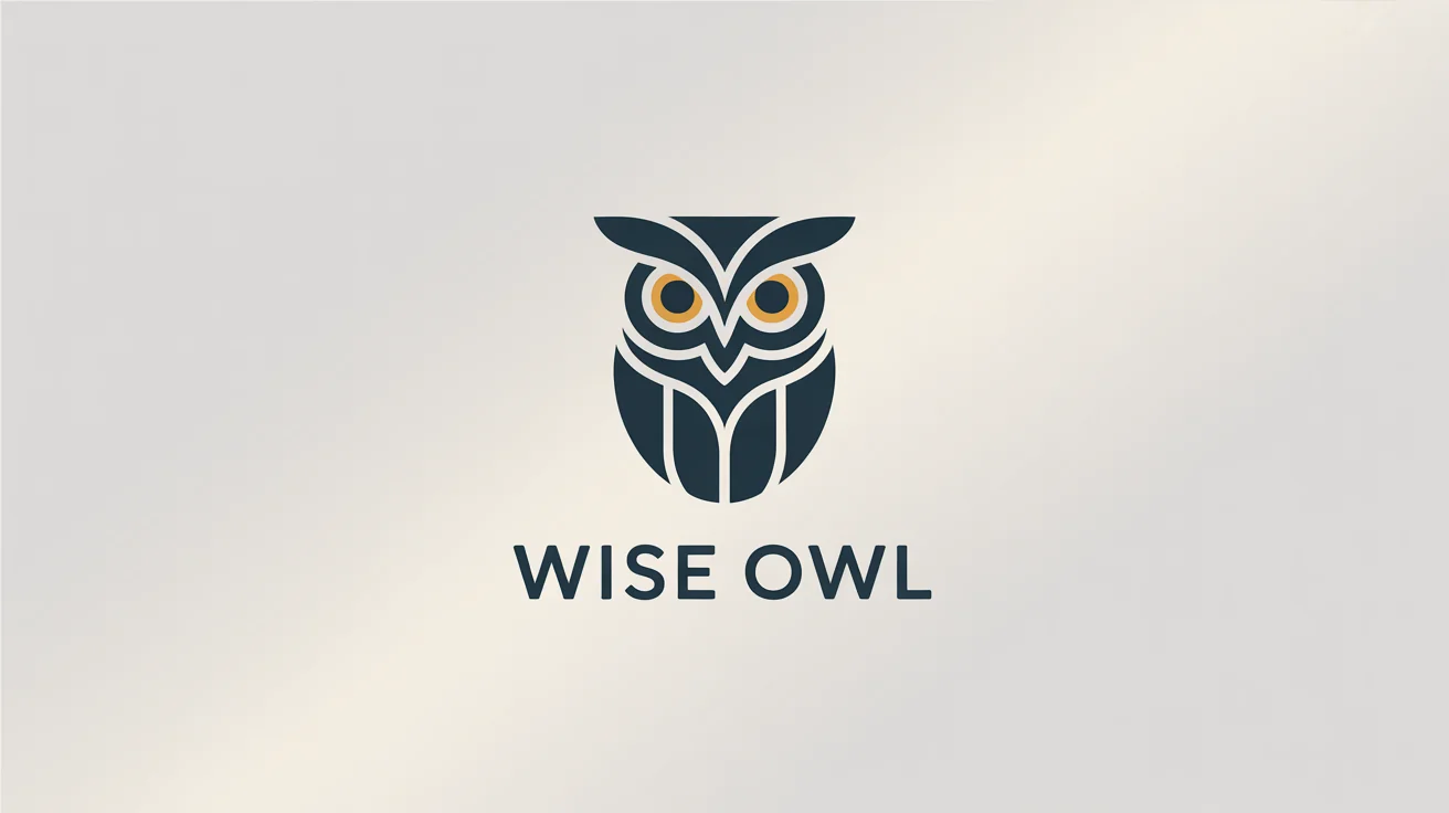 A modern, geometric logo of a wise owl in navy blue, gray, and gold, with the fictional brand name 'WISE OWL' below it, on a white background.